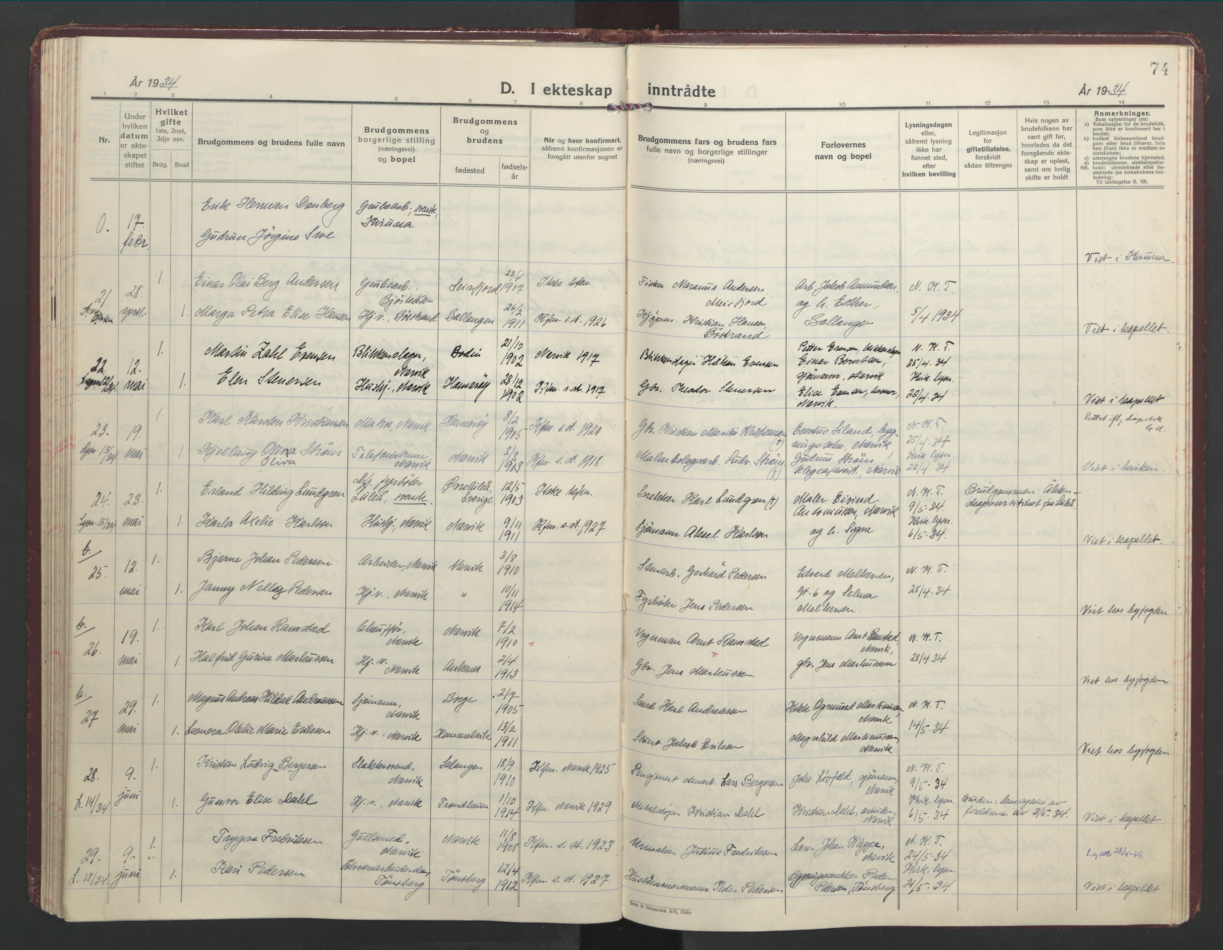 Ministerialprotokoller, klokkerbøker og fødselsregistre - Nordland, AV/SAT-A-1459/871/L1006: Parish register (official) no. 871A22, 1928-1936, p. 74