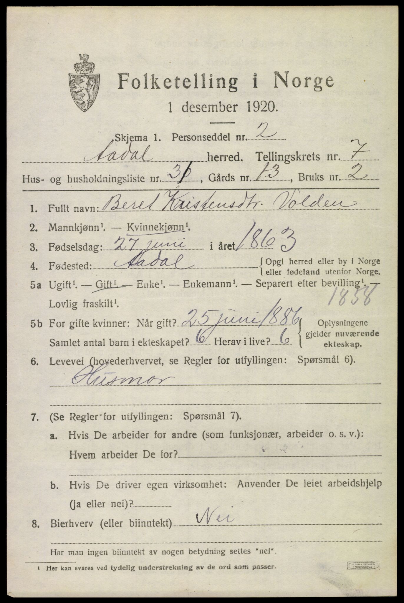 SAKO, 1920 census for Ådal, 1920, p. 5322