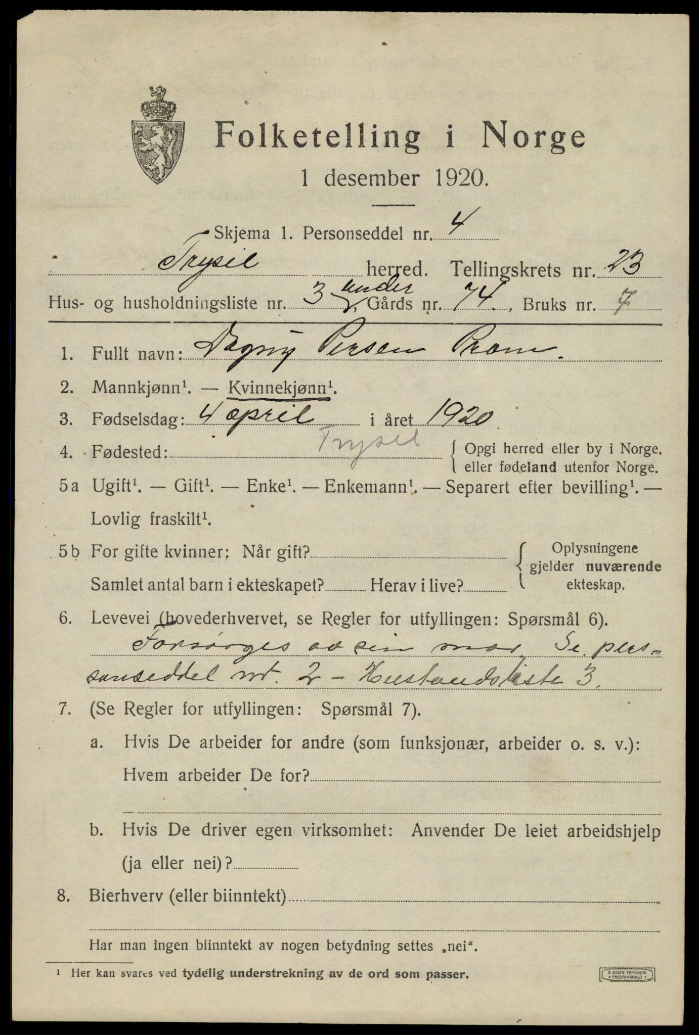 SAH, 1920 census for Trysil, 1920, p. 14871