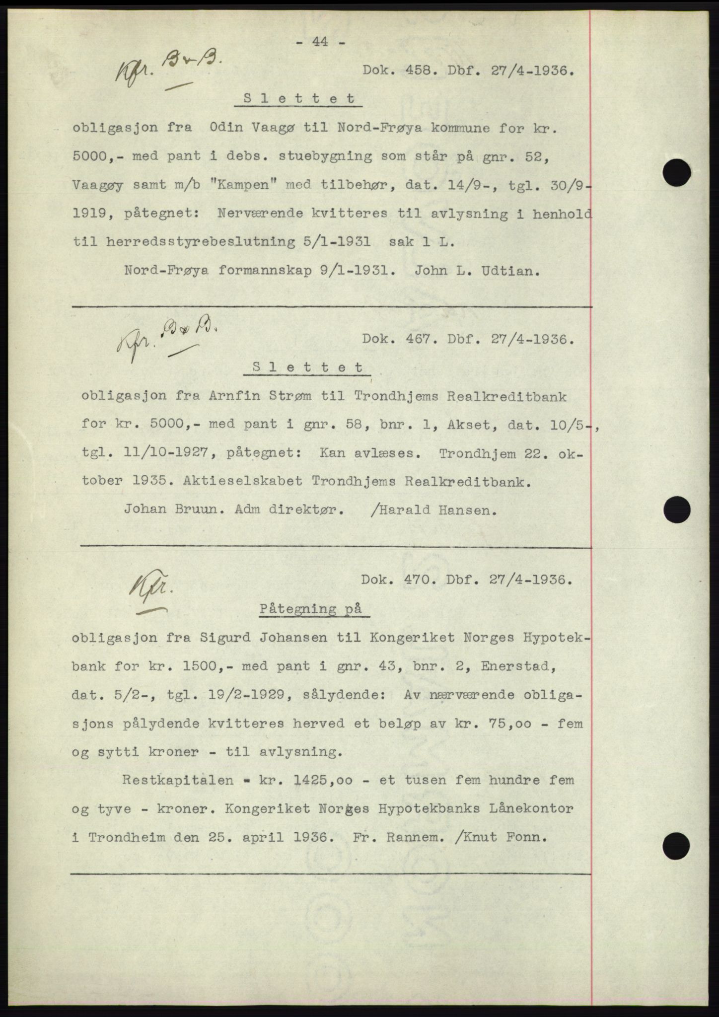 Hitra sorenskriveri, AV/SAT-A-0018/2/2C/2Ca: Mortgage book no. C1, 1936-1945, Diary no: : 458/1936