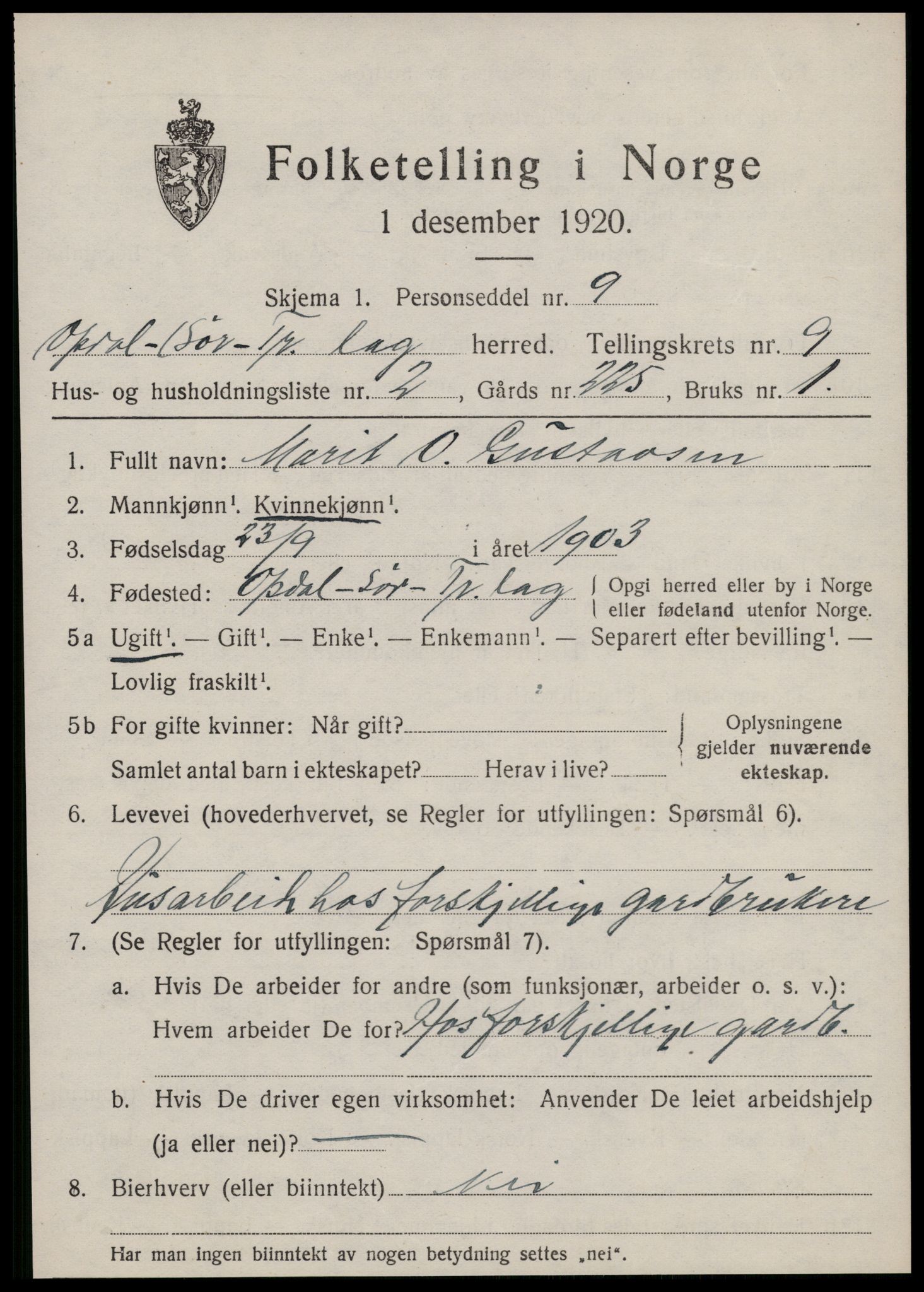 SAT, 1920 census for Oppdal, 1920, p. 7151