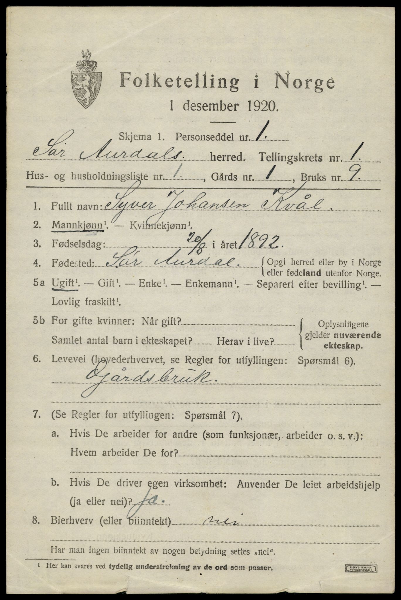 SAH, 1920 census for Sør-Aurdal, 1920, p. 1521
