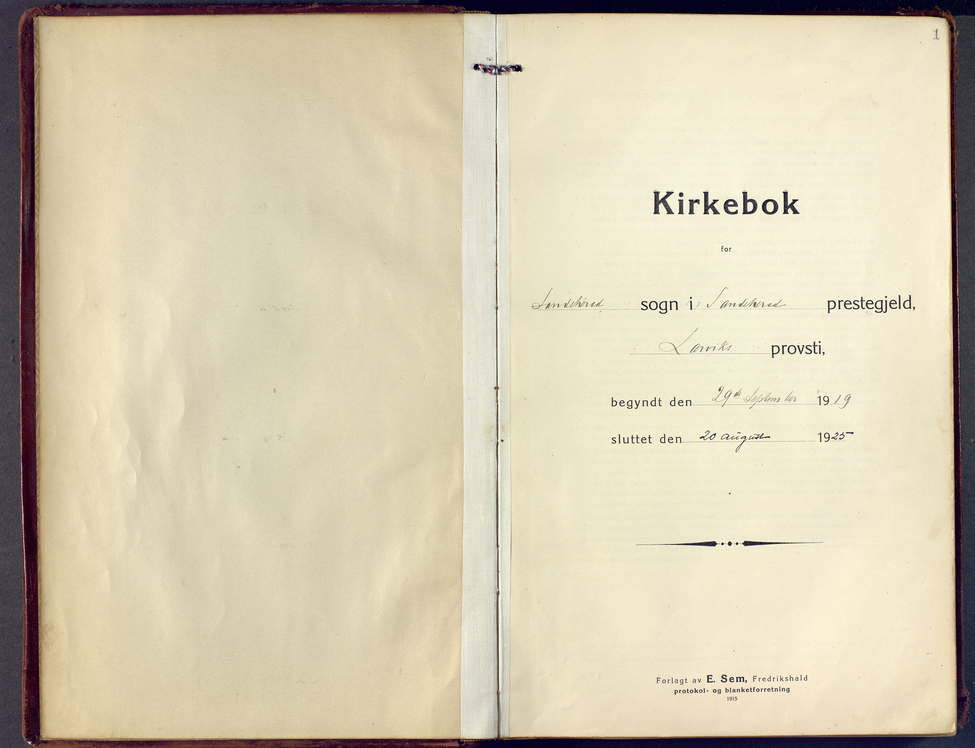 Sandar kirkebøker, AV/SAKO-A-243/F/Fa/L0021: Parish register (official) no. 21, 1919-1925, p. 1