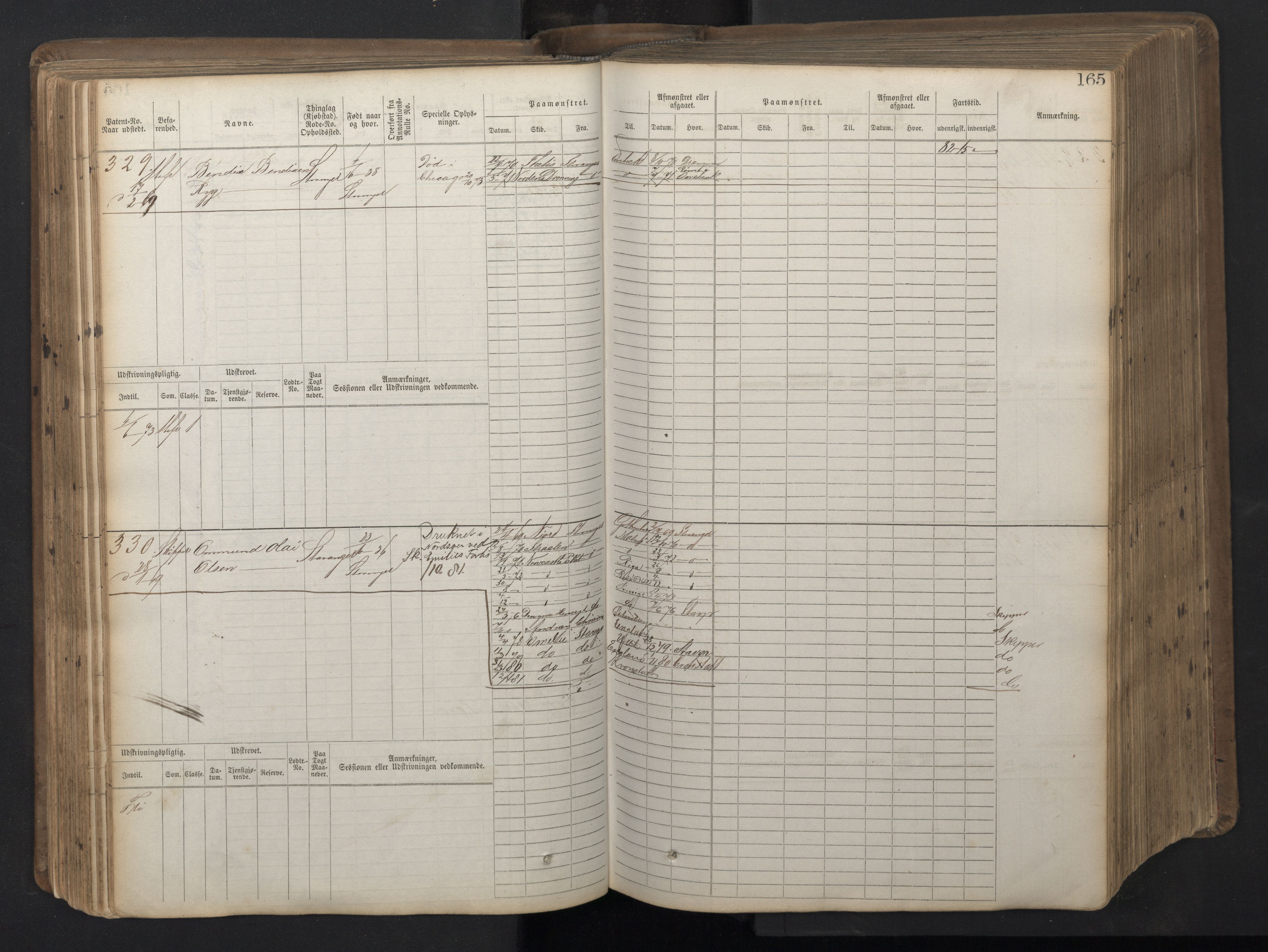 Stavanger sjømannskontor, AV/SAST-A-102006/F/Fb/Fbb/L0016: Sjøfartshovedrulle patnentnr. 1-1202 (dublett), 1869, p. 165