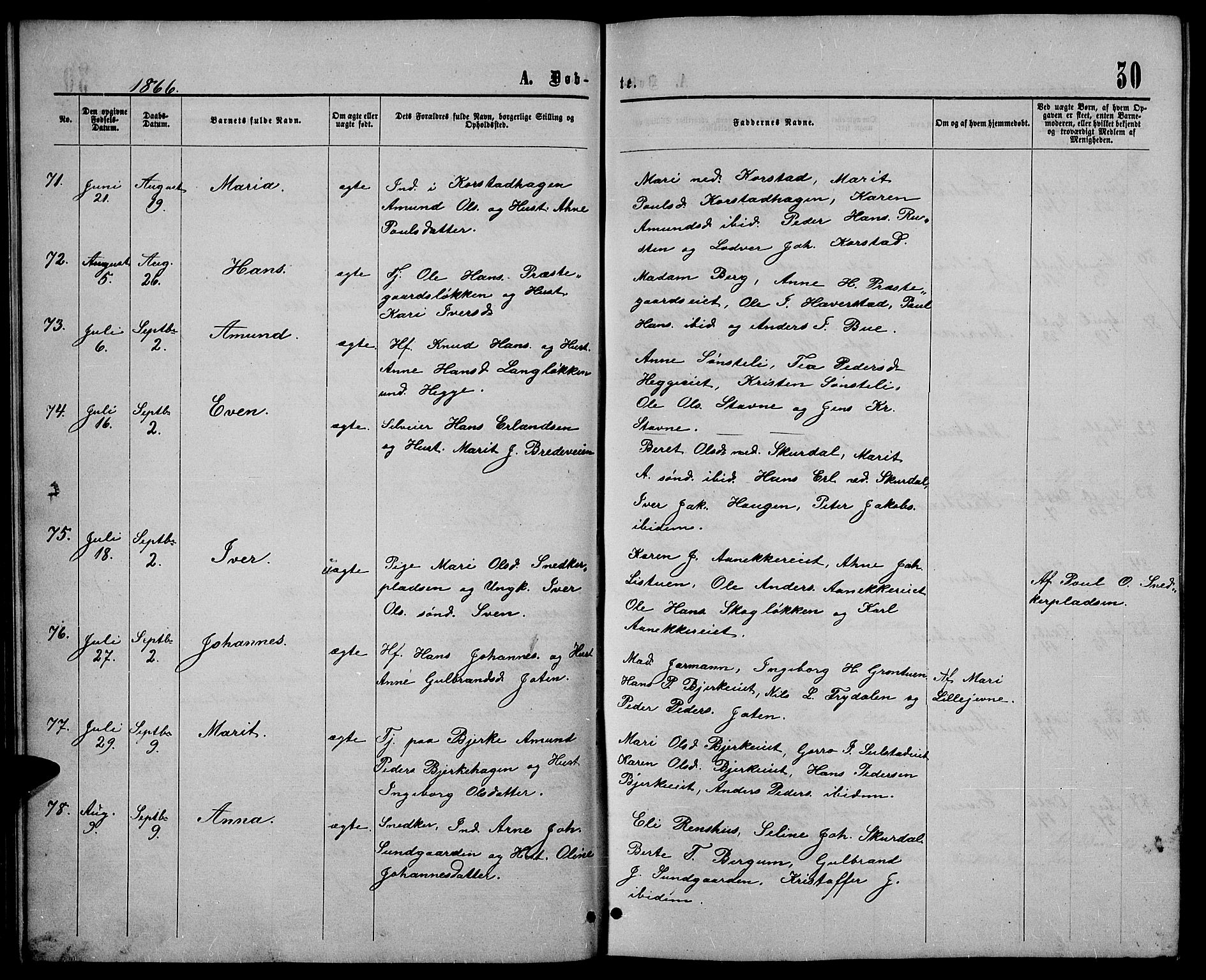 Sør-Fron prestekontor, AV/SAH-PREST-010/H/Ha/Hab/L0002: Parish register (copy) no. 2, 1864-1883, p. 30