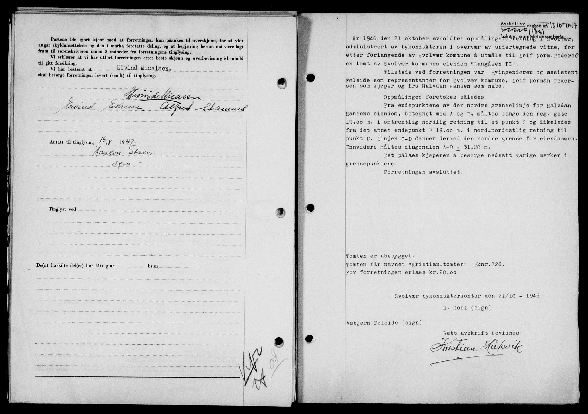 Lofoten sorenskriveri, SAT/A-0017/1/2/2C/L0016a: Mortgage book no. 16a, 1947-1947, Diary no: : 1310/1947