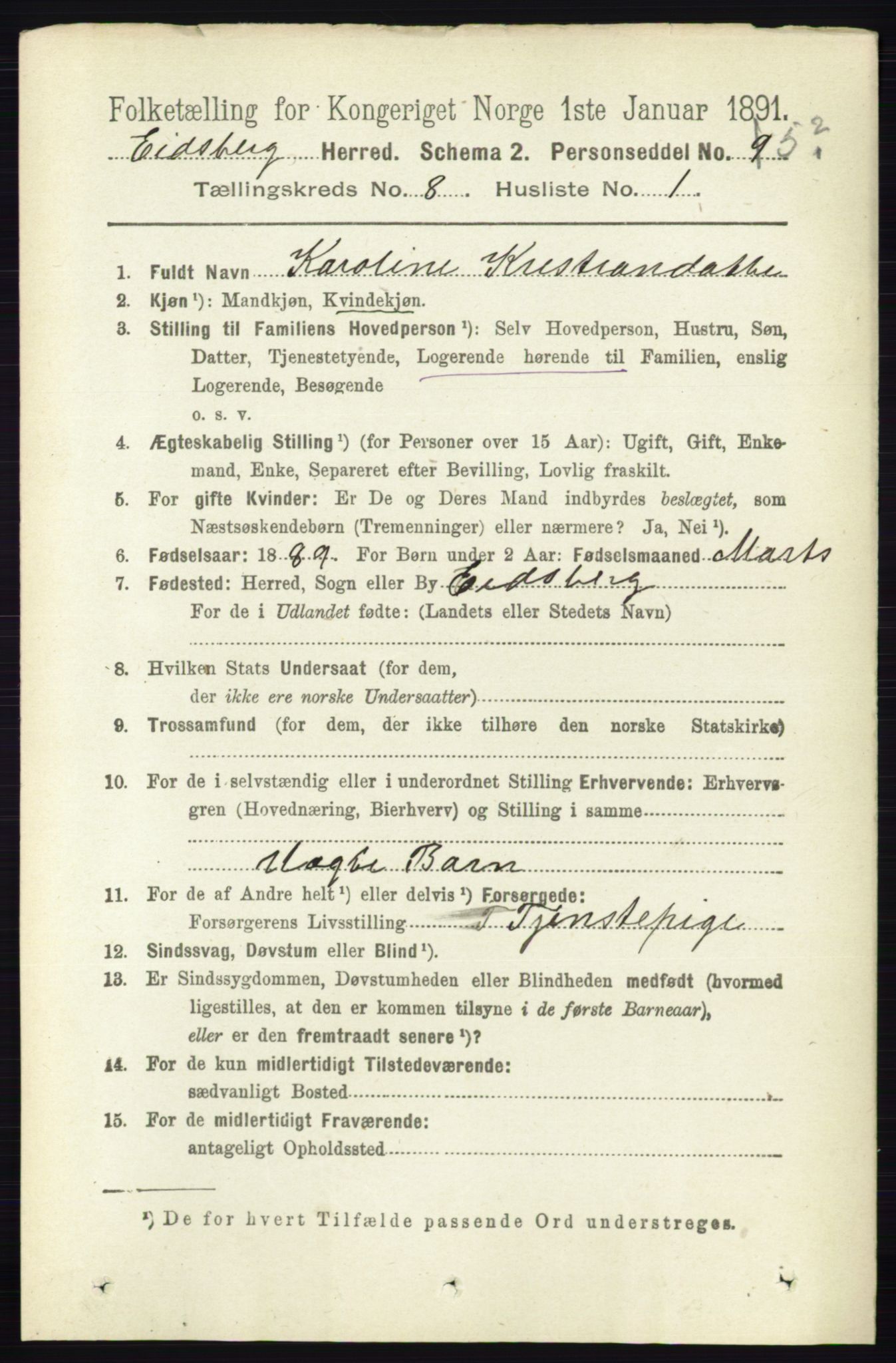 RA, 1891 census for 0125 Eidsberg, 1891, p. 4641