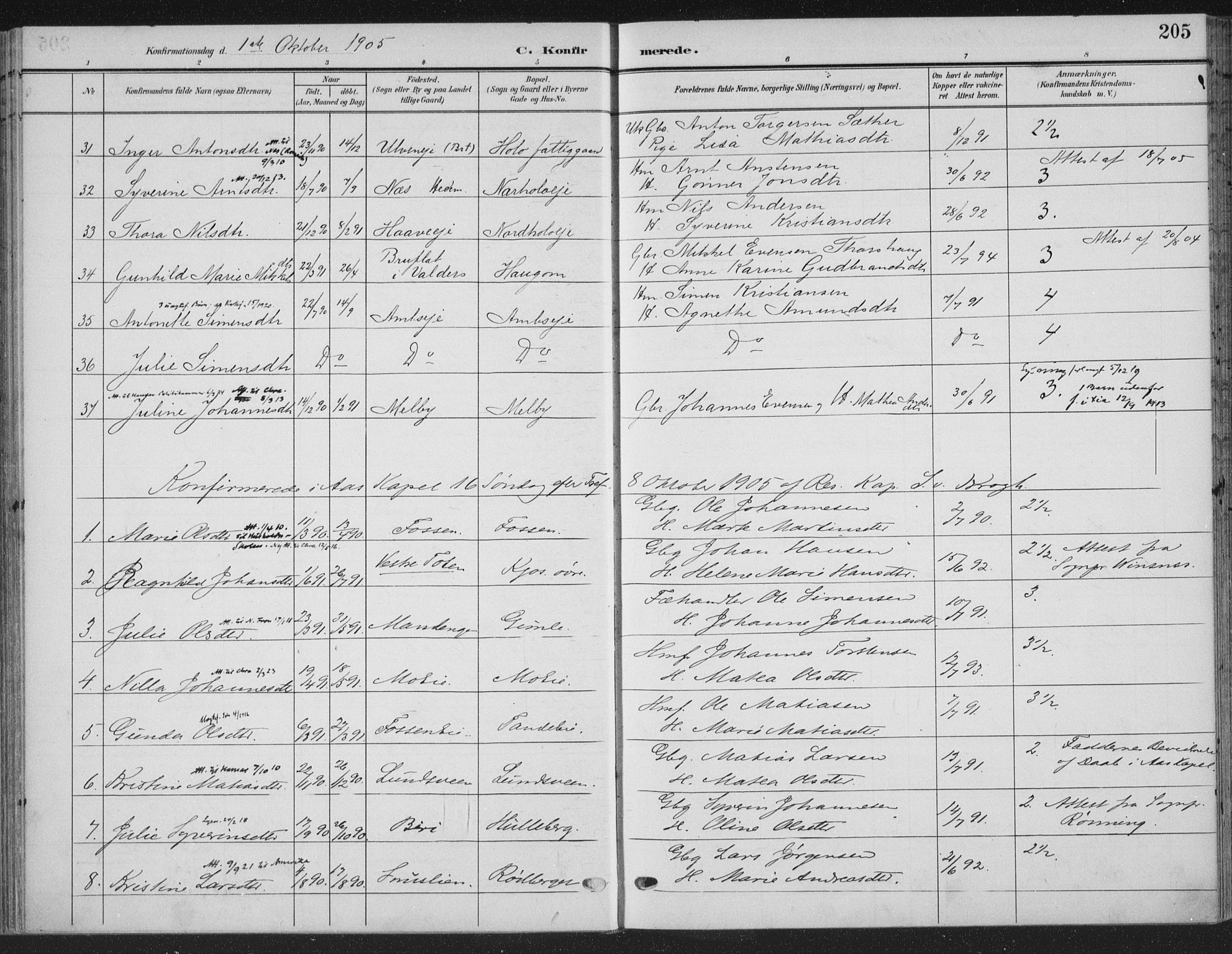 Ringsaker prestekontor, SAH/PREST-014/K/Ka/L0018: Parish register (official) no. 18, 1903-1912, p. 205