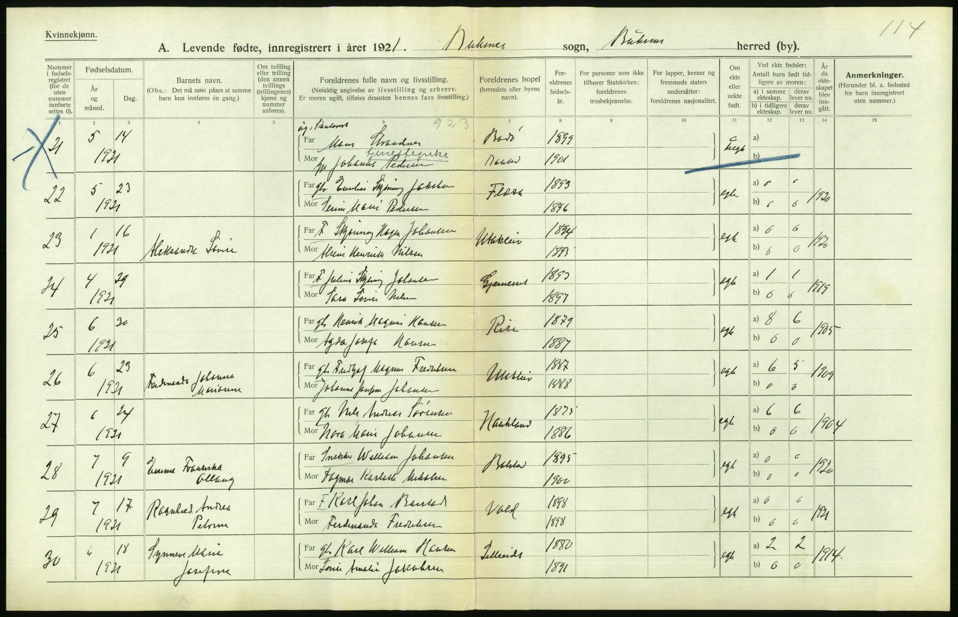 Statistisk sentralbyrå, Sosiodemografiske emner, Befolkning, AV/RA-S-2228/D/Df/Dfc/Dfca/L0049: Nordland fylke: Levendefødte menn og kvinner. Bygder., 1921, p. 340