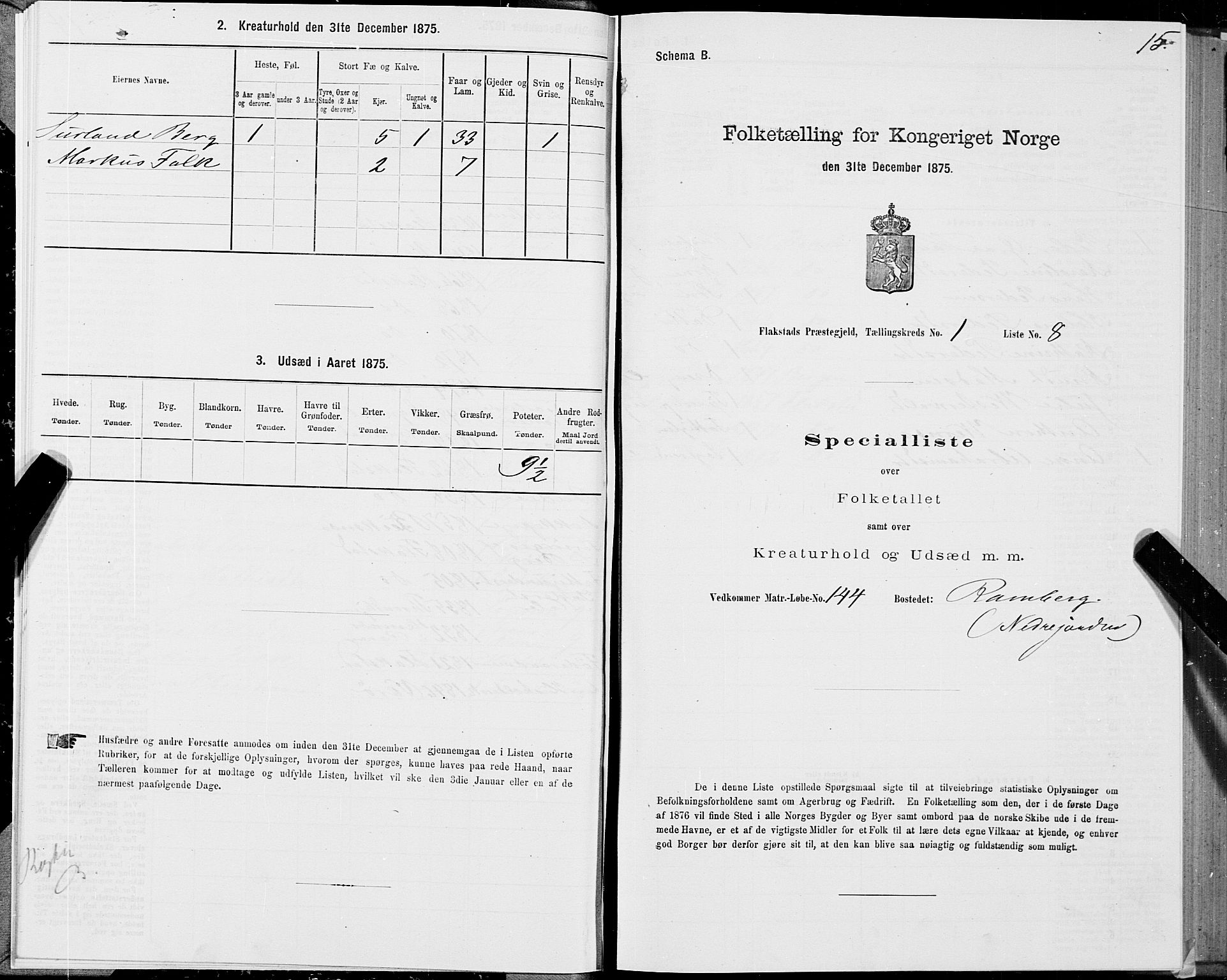 SAT, 1875 census for 1859P Flakstad, 1875, p. 1015