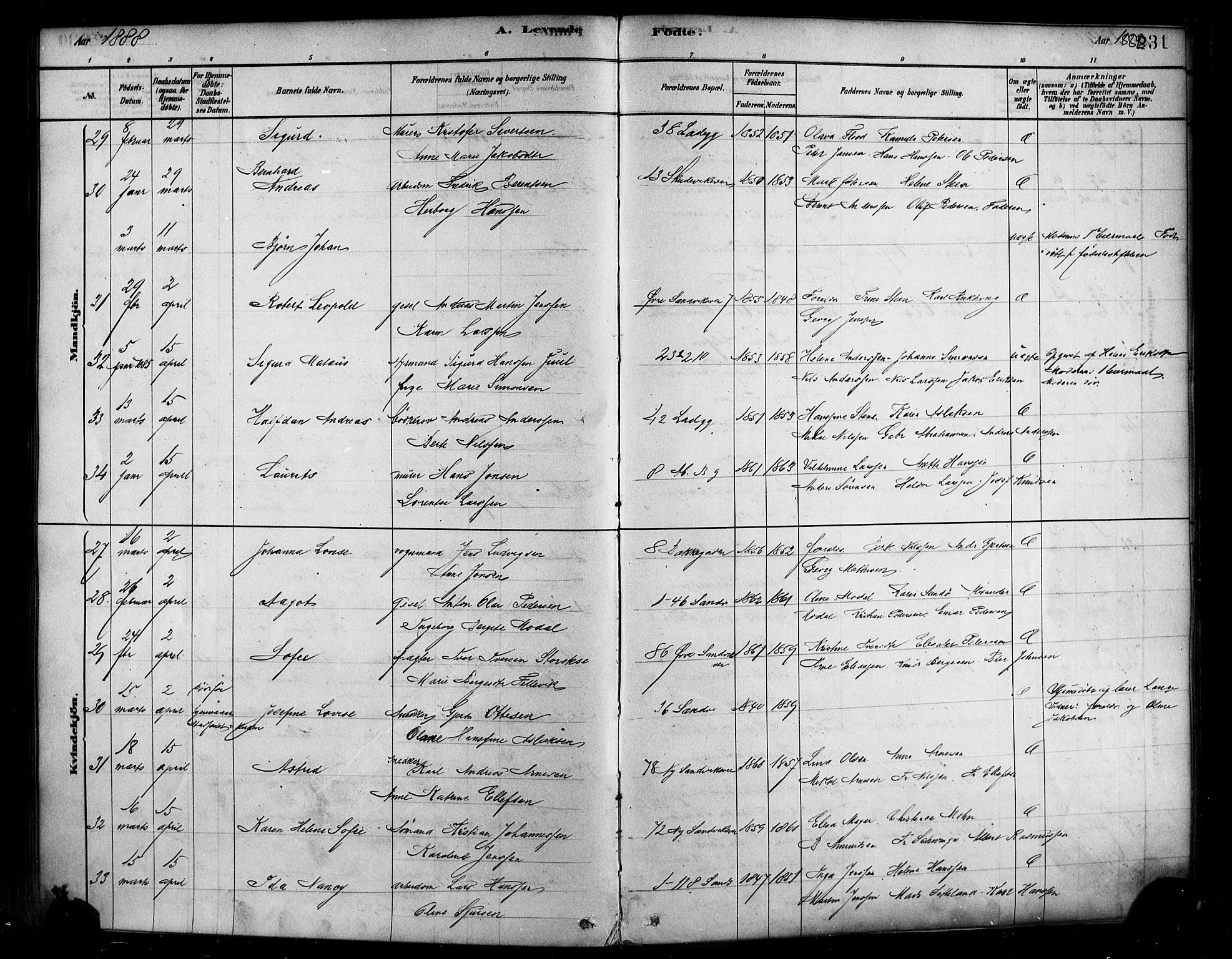 Sandviken Sokneprestembete, SAB/A-77601/H/Ha/L0004: Parish register (official) no. B 1, 1878-1891, p. 231