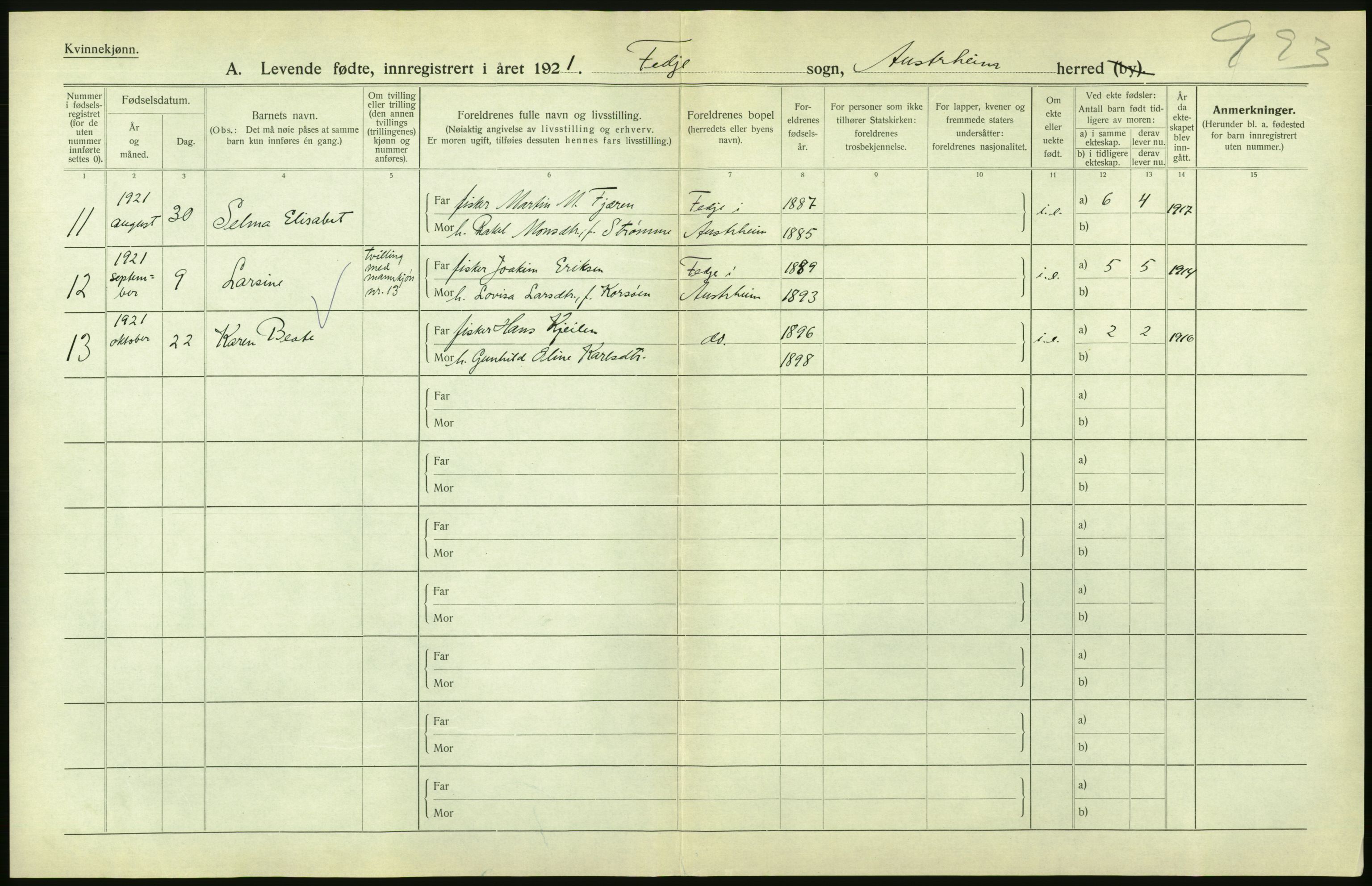 Statistisk sentralbyrå, Sosiodemografiske emner, Befolkning, AV/RA-S-2228/D/Df/Dfc/Dfca/L0031: Hordaland fylke: Levendefødte menn og kvinner. Bygder., 1921, p. 28