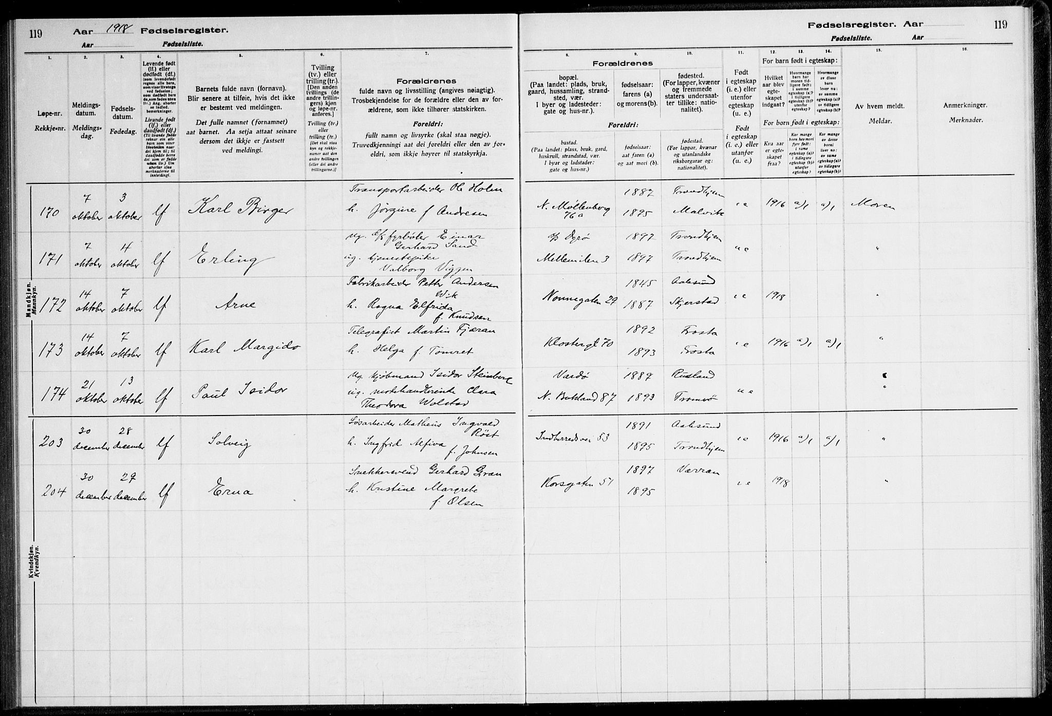 Ministerialprotokoller, klokkerbøker og fødselsregistre - Sør-Trøndelag, SAT/A-1456/600/L0002: Birth register no. 600.II.4.1, 1916-1920, p. 119