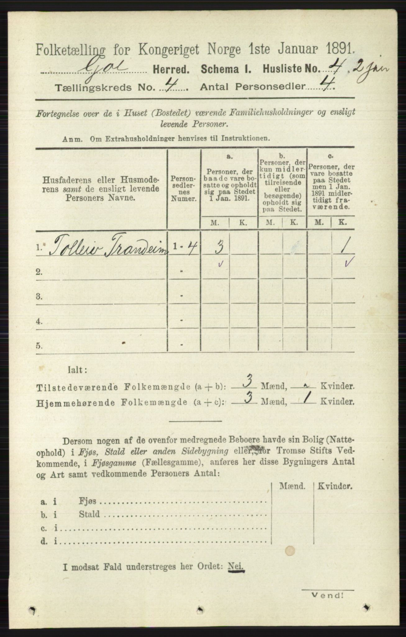 RA, 1891 census for 0617 Gol og Hemsedal, 1891, p. 1714