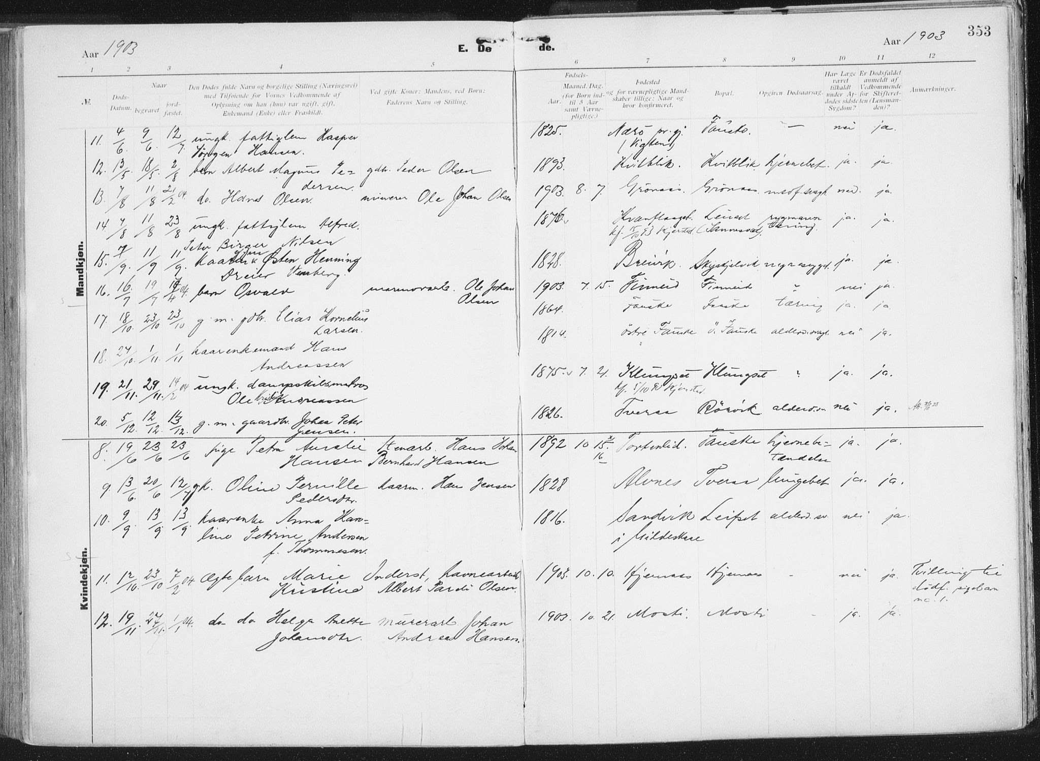 Ministerialprotokoller, klokkerbøker og fødselsregistre - Nordland, SAT/A-1459/849/L0696: Parish register (official) no. 849A08, 1898-1910, p. 353