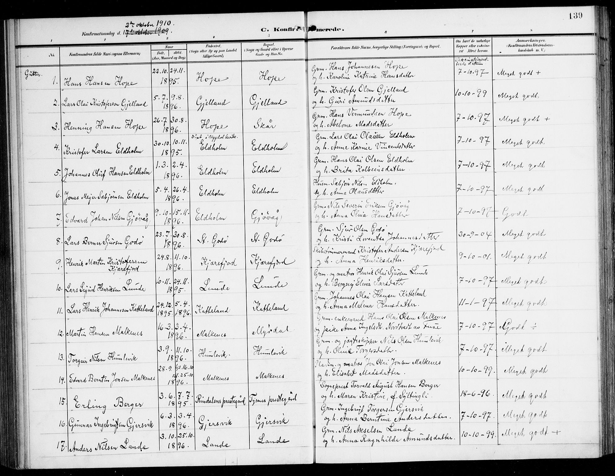 Tysnes sokneprestembete, AV/SAB-A-78601/H/Haa: Parish register (official) no. B 2, 1907-1925, p. 139