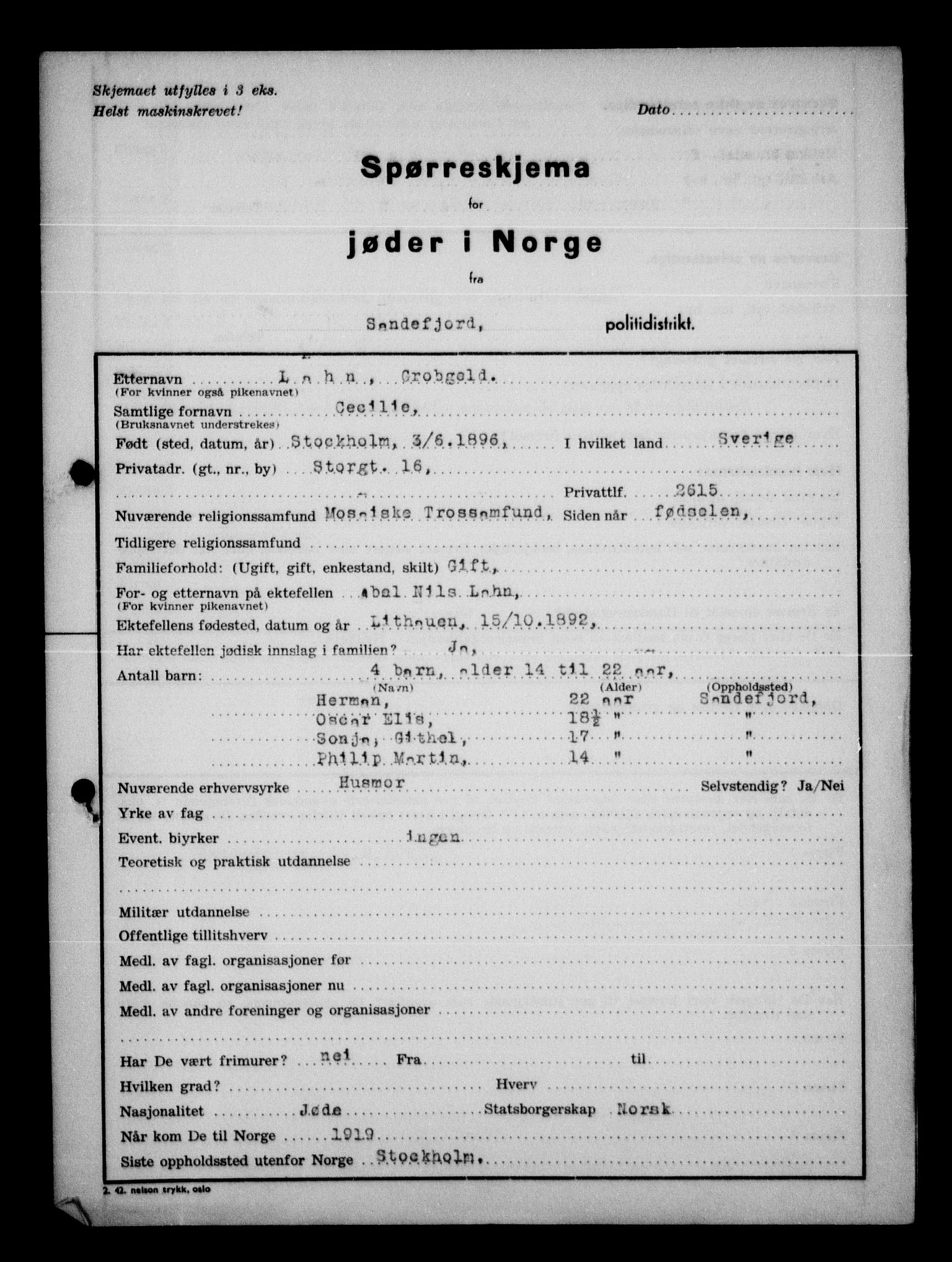 Statspolitiet - Hovedkontoret / Osloavdelingen, AV/RA-S-1329/G/Ga/L0013: Spørreskjema for jøder i Norge. 1: Sandefjord-Trondheim. 2: Tønsberg- Ålesund.  3: Skriv vedr. jøder A-H.  , 1942-1943, p. 5