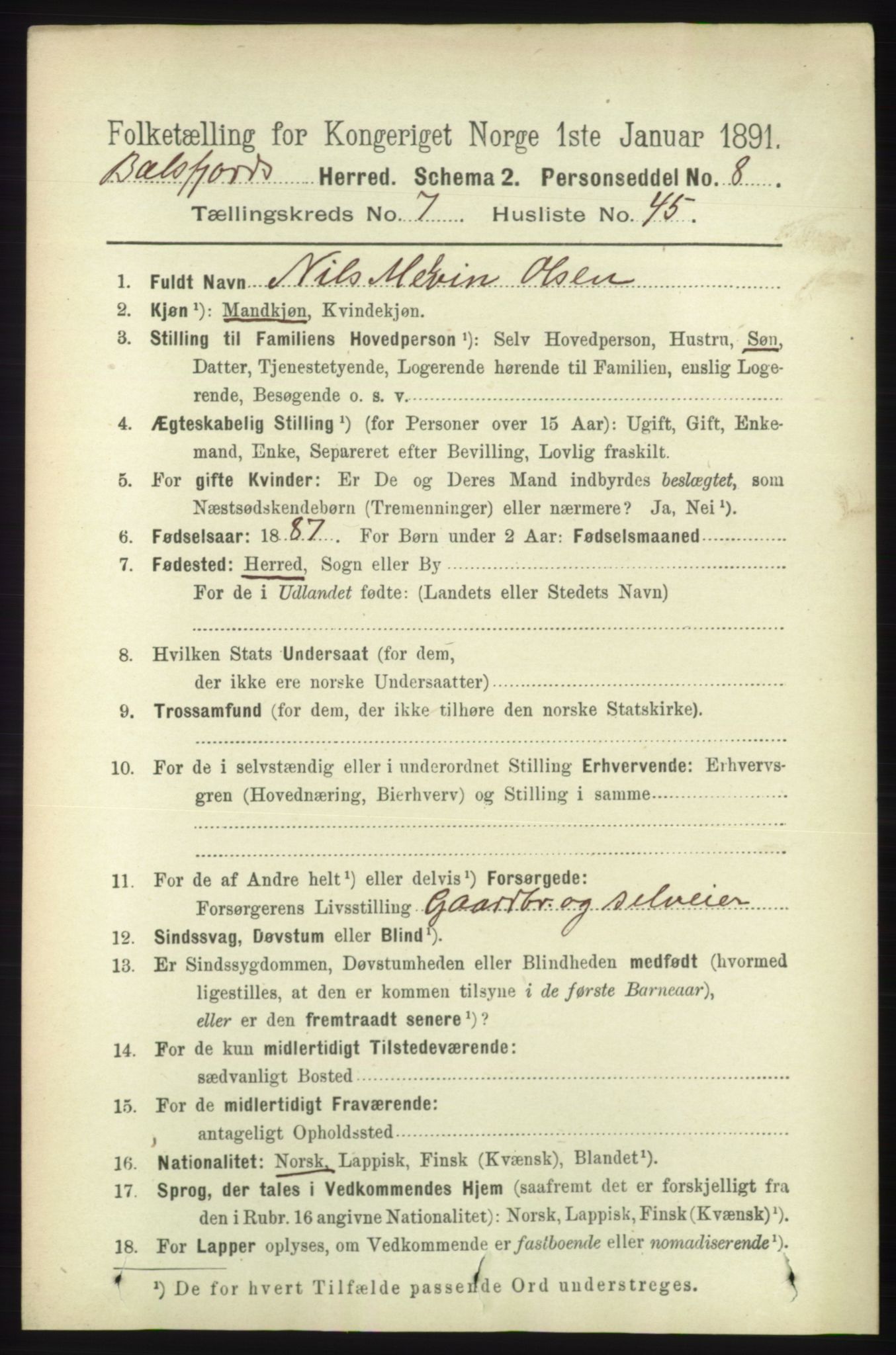 RA, 1891 census for 1933 Balsfjord, 1891, p. 2337