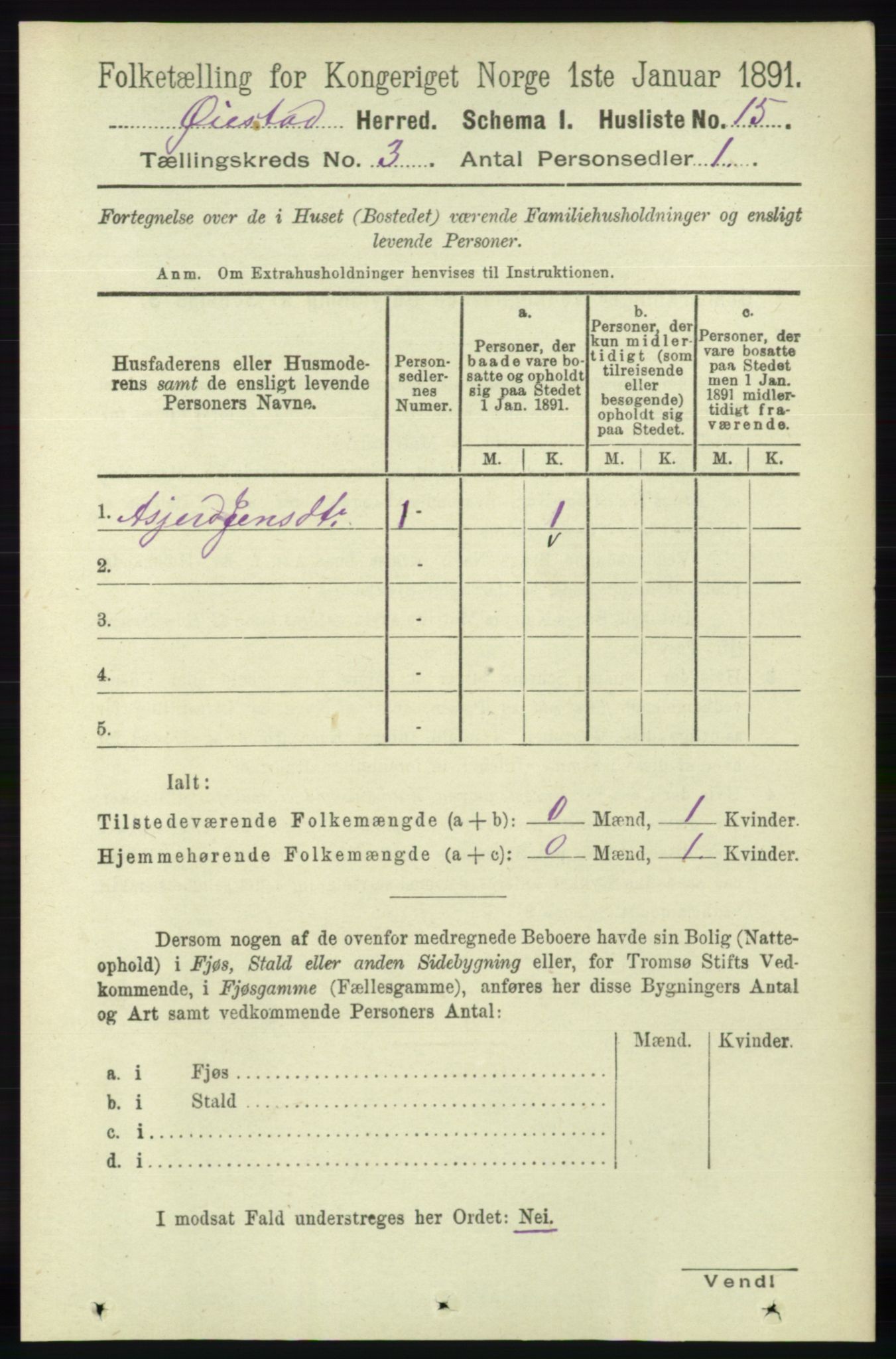 RA, 1891 census for 0920 Øyestad, 1891, p. 850