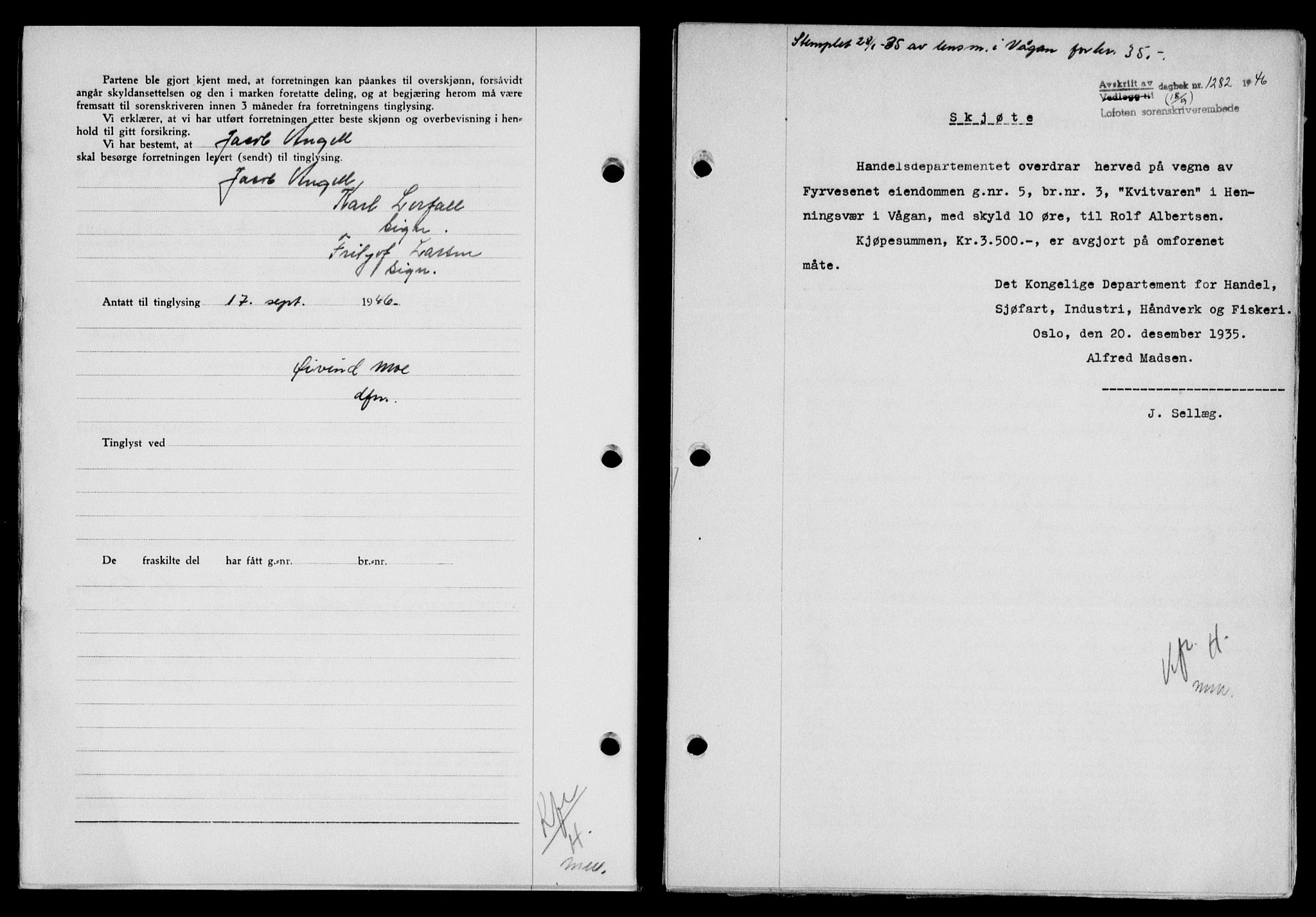 Lofoten sorenskriveri, SAT/A-0017/1/2/2C/L0014a: Mortgage book no. 14a, 1946-1946, Diary no: : 1282/1946