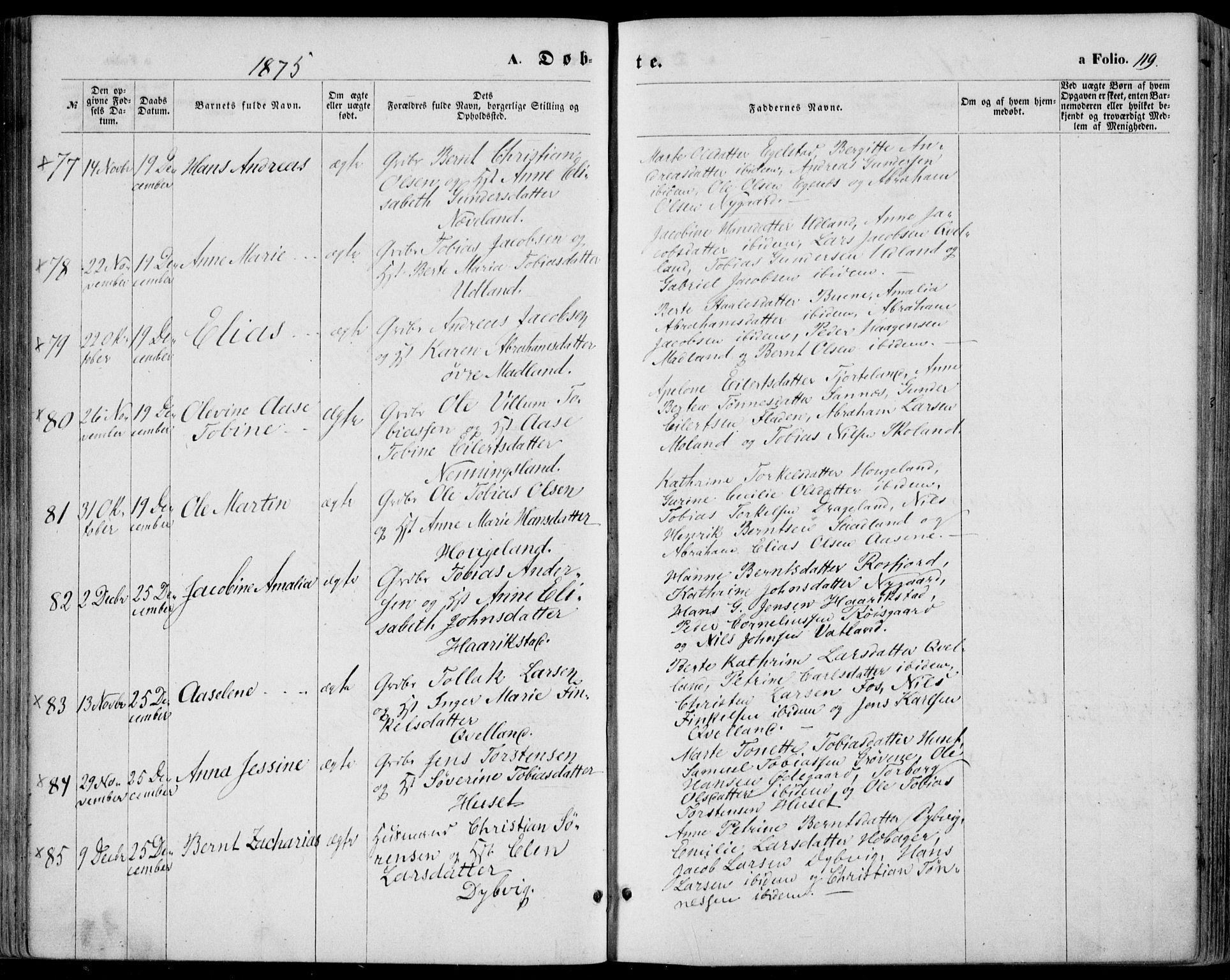 Lyngdal sokneprestkontor, SAK/1111-0029/F/Fa/Fac/L0010: Parish register (official) no. A 10, 1865-1878, p. 119