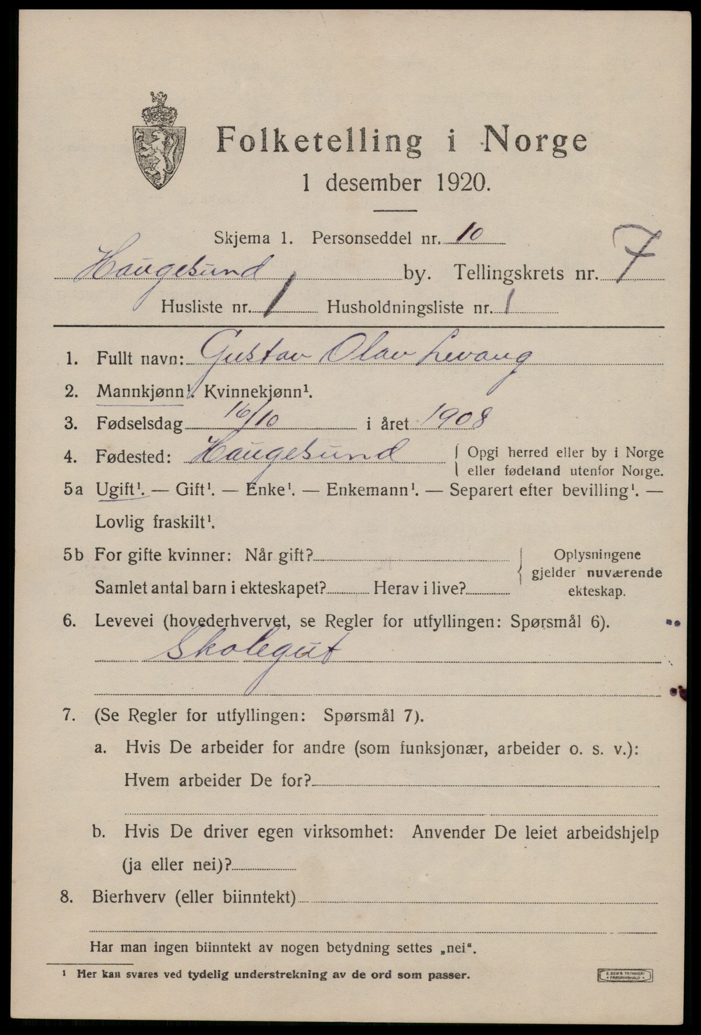 SAST, 1920 census for Haugesund, 1920, p. 25083