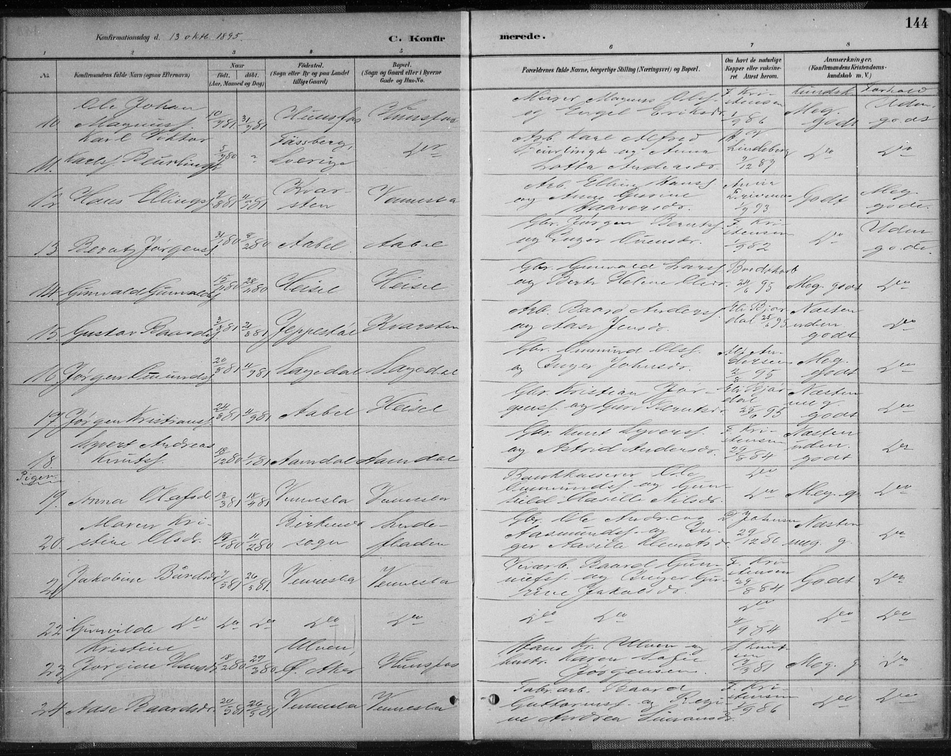 Vennesla sokneprestkontor, AV/SAK-1111-0045/Fa/Fab/L0004: Parish register (official) no. A 4, 1884-1896, p. 144