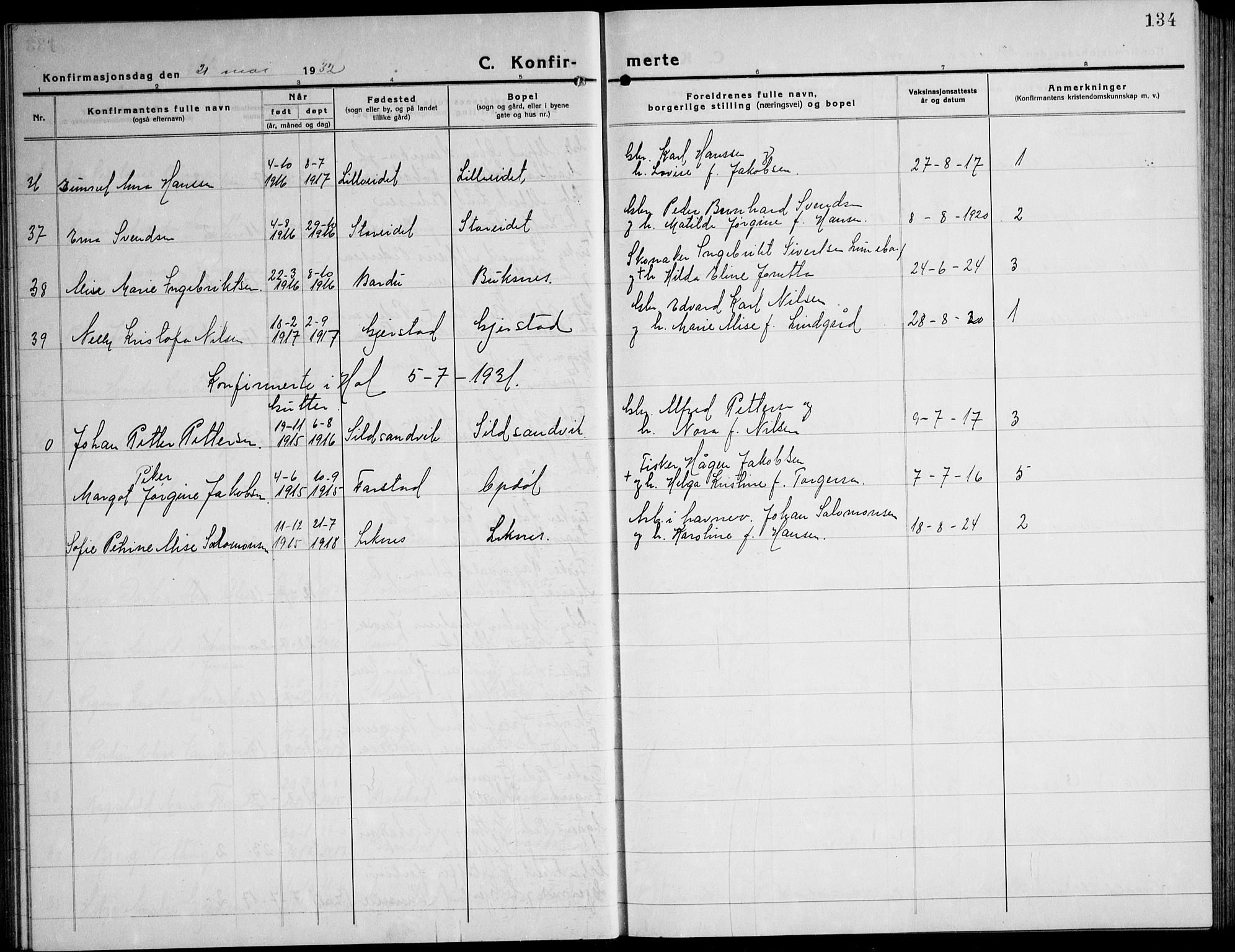 Ministerialprotokoller, klokkerbøker og fødselsregistre - Nordland, AV/SAT-A-1459/881/L1170: Parish register (copy) no. 881C07, 1930-1943, p. 134