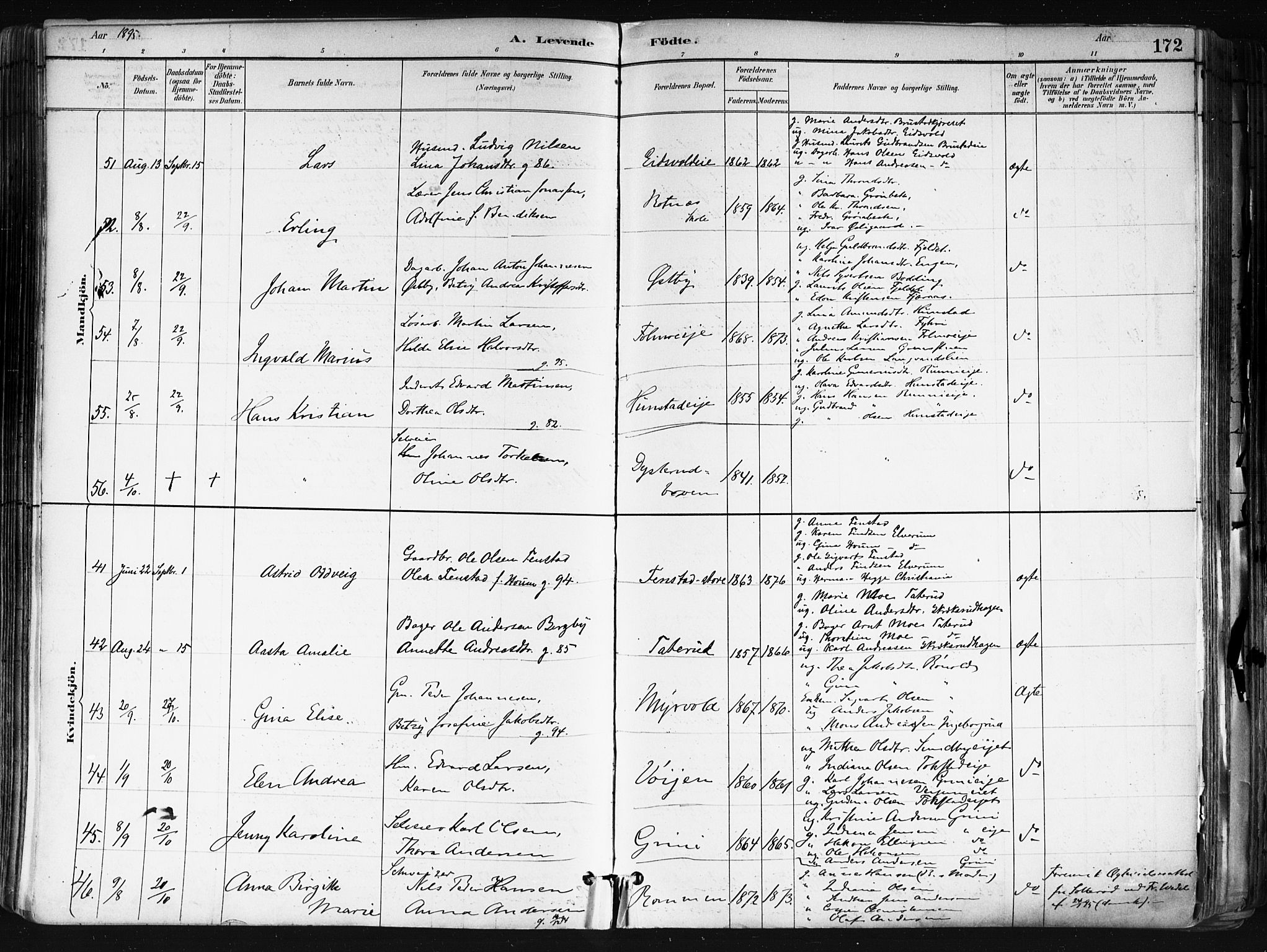 Nes prestekontor Kirkebøker, AV/SAO-A-10410/F/Fa/L0010: Parish register (official) no. I 10, 1883-1898, p. 172