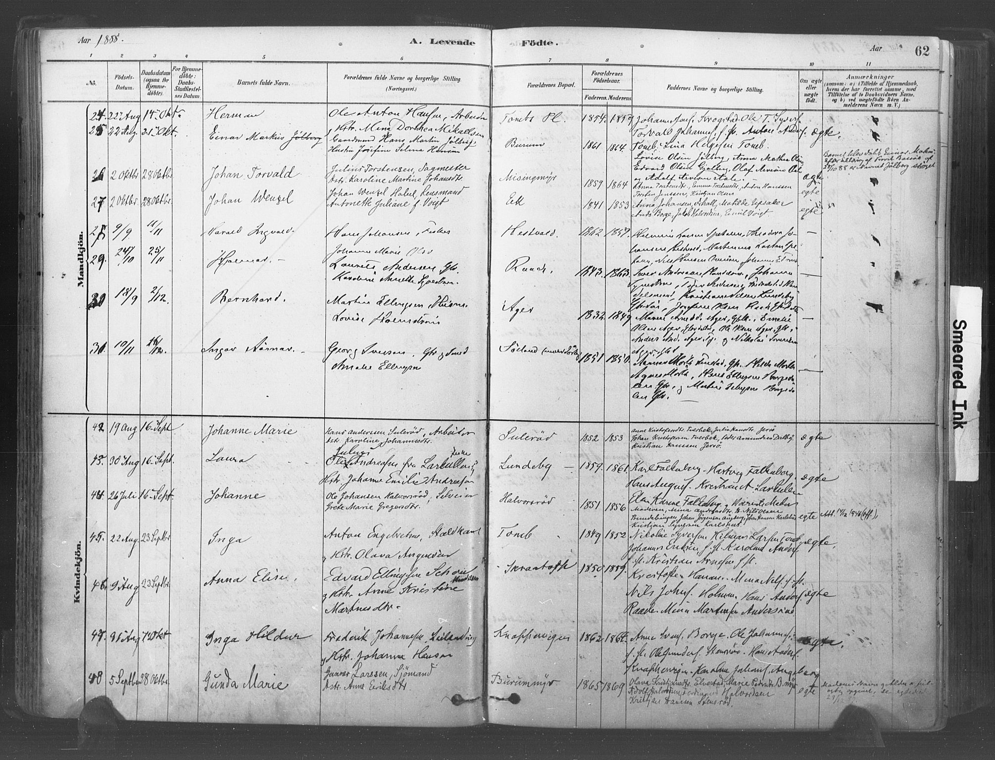 Råde prestekontor kirkebøker, AV/SAO-A-2009/F/Fa/L0007: Parish register (official) no. 7, 1878-1902, p. 62