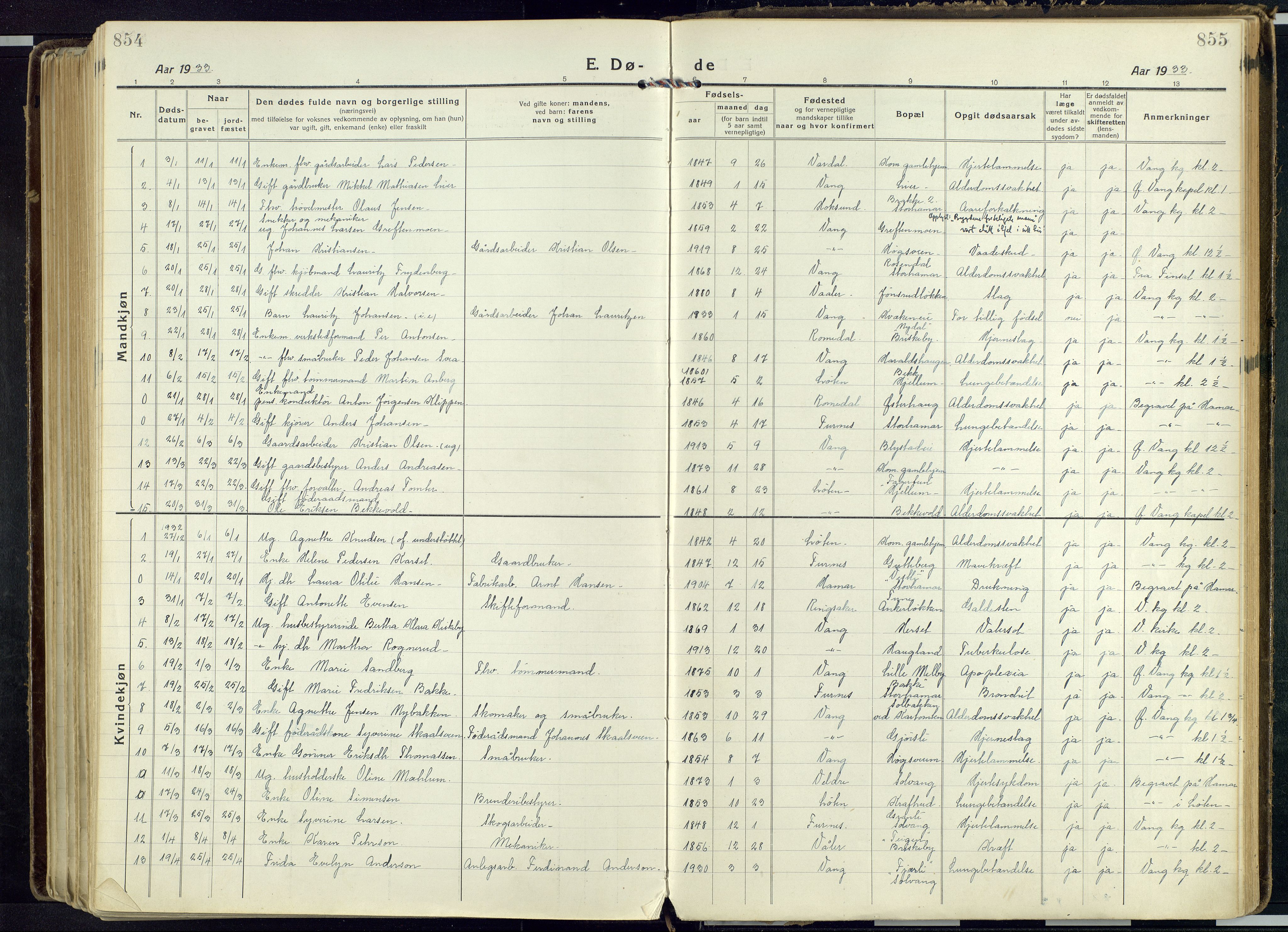 Vang prestekontor, Hedmark, SAH/PREST-008/H/Ha/Haa/L0022: Parish register (official) no. 22, 1918-1944, p. 854-855