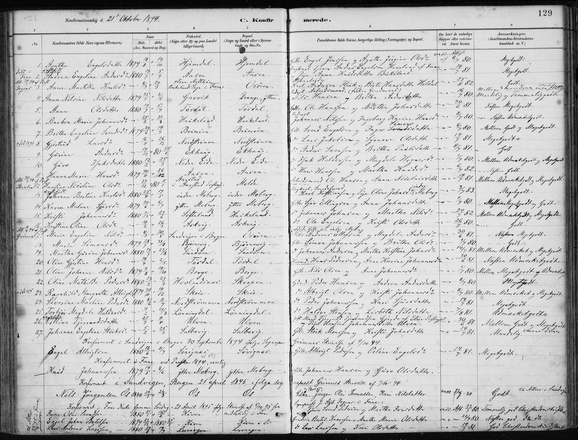Os sokneprestembete, SAB/A-99929: Parish register (official) no. B 1, 1885-1902, p. 129