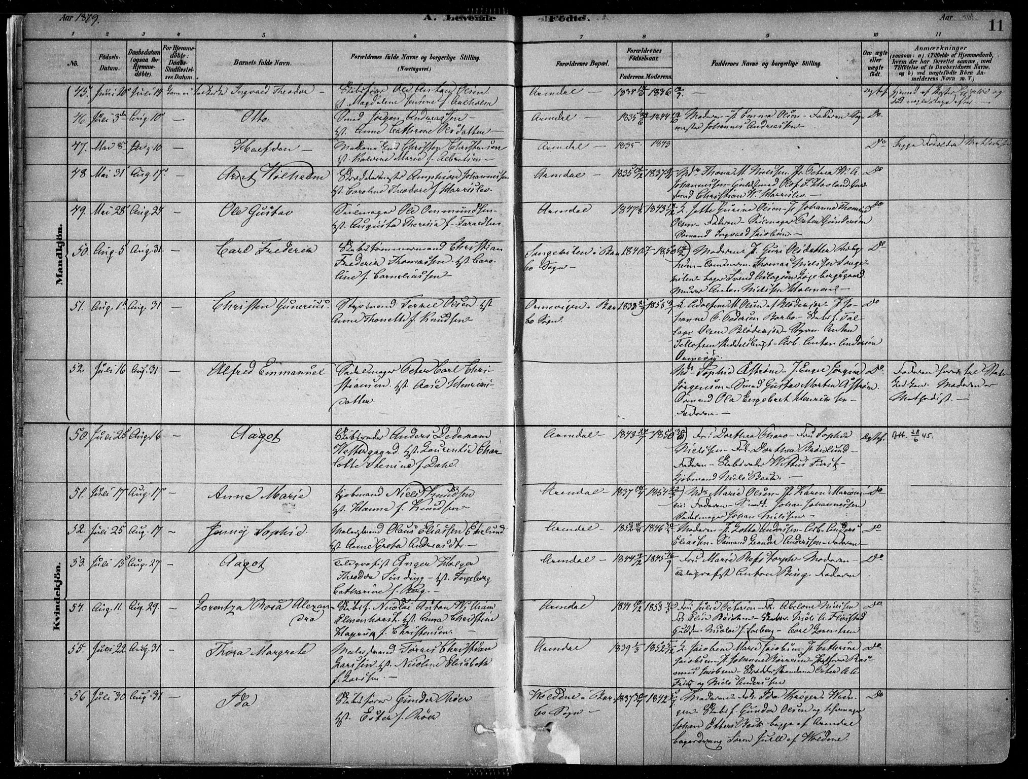 Arendal sokneprestkontor, Trefoldighet, AV/SAK-1111-0040/F/Fa/L0008: Parish register (official) no. A 8, 1878-1899, p. 11