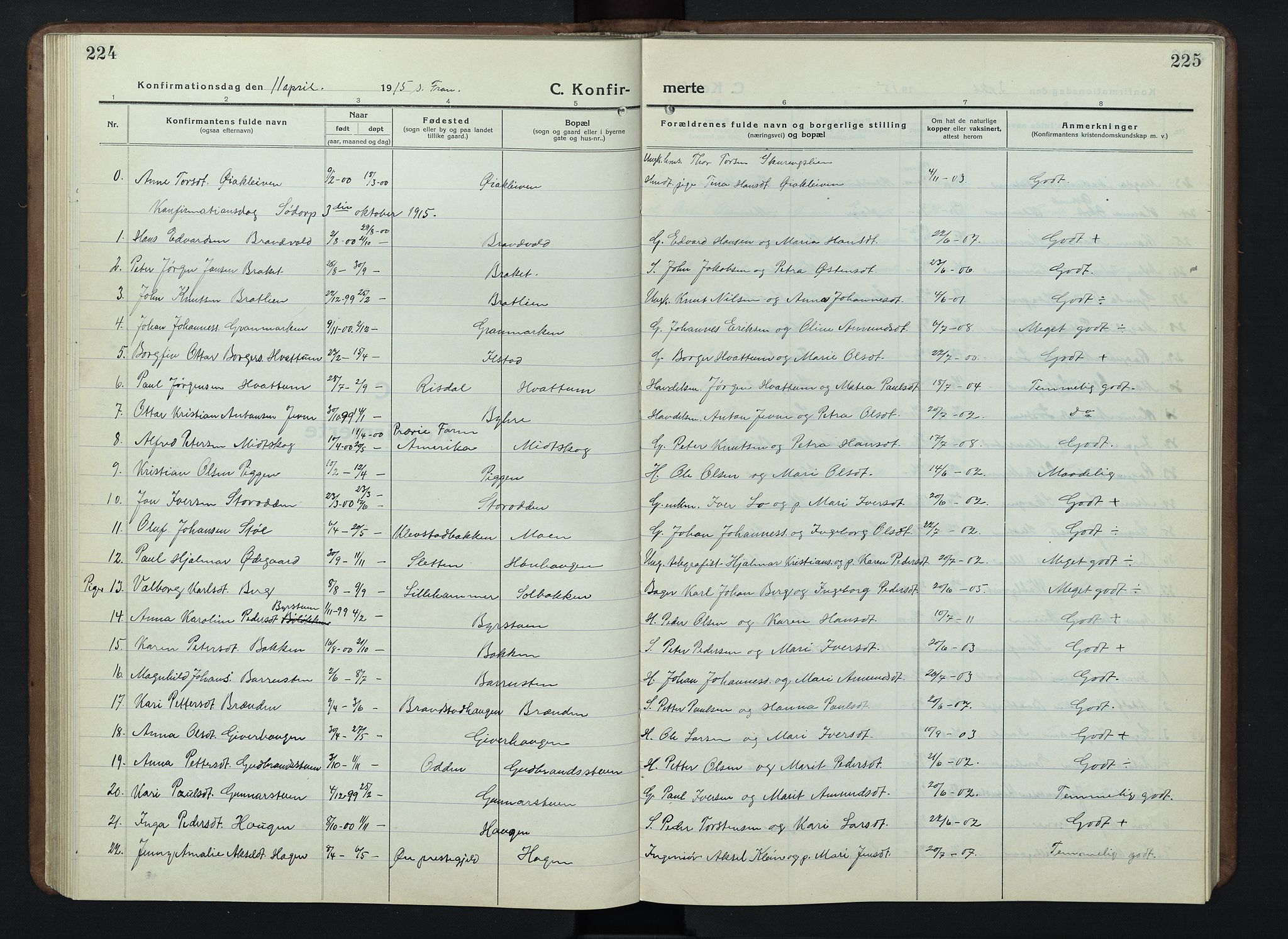 Nord-Fron prestekontor, SAH/PREST-080/H/Ha/Hab/L0007: Parish register (copy) no. 7, 1915-1946, p. 224-225