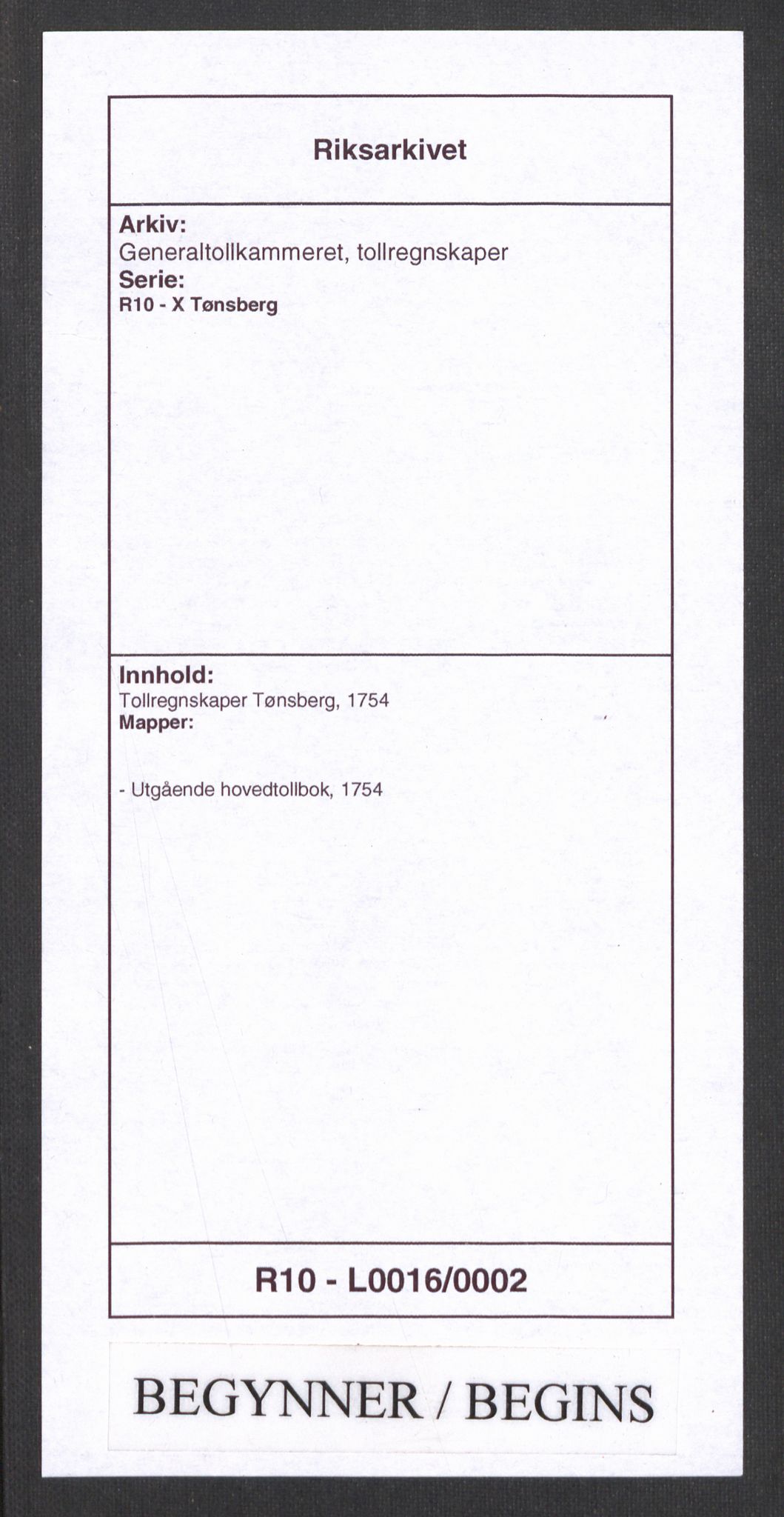 Generaltollkammeret, tollregnskaper, RA/EA-5490/R10/L0016/0002: Tollregnskaper Tønsberg / Utgående hovedtollbok, 1754