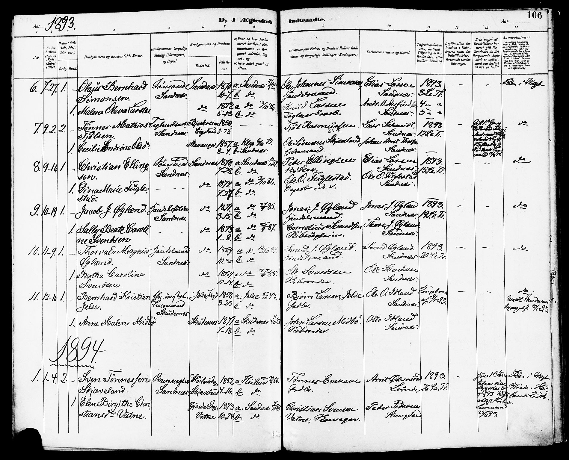 Høyland sokneprestkontor, SAST/A-101799/001/30BA/L0014: Parish register (official) no. A 12, 1890-1898, p. 106