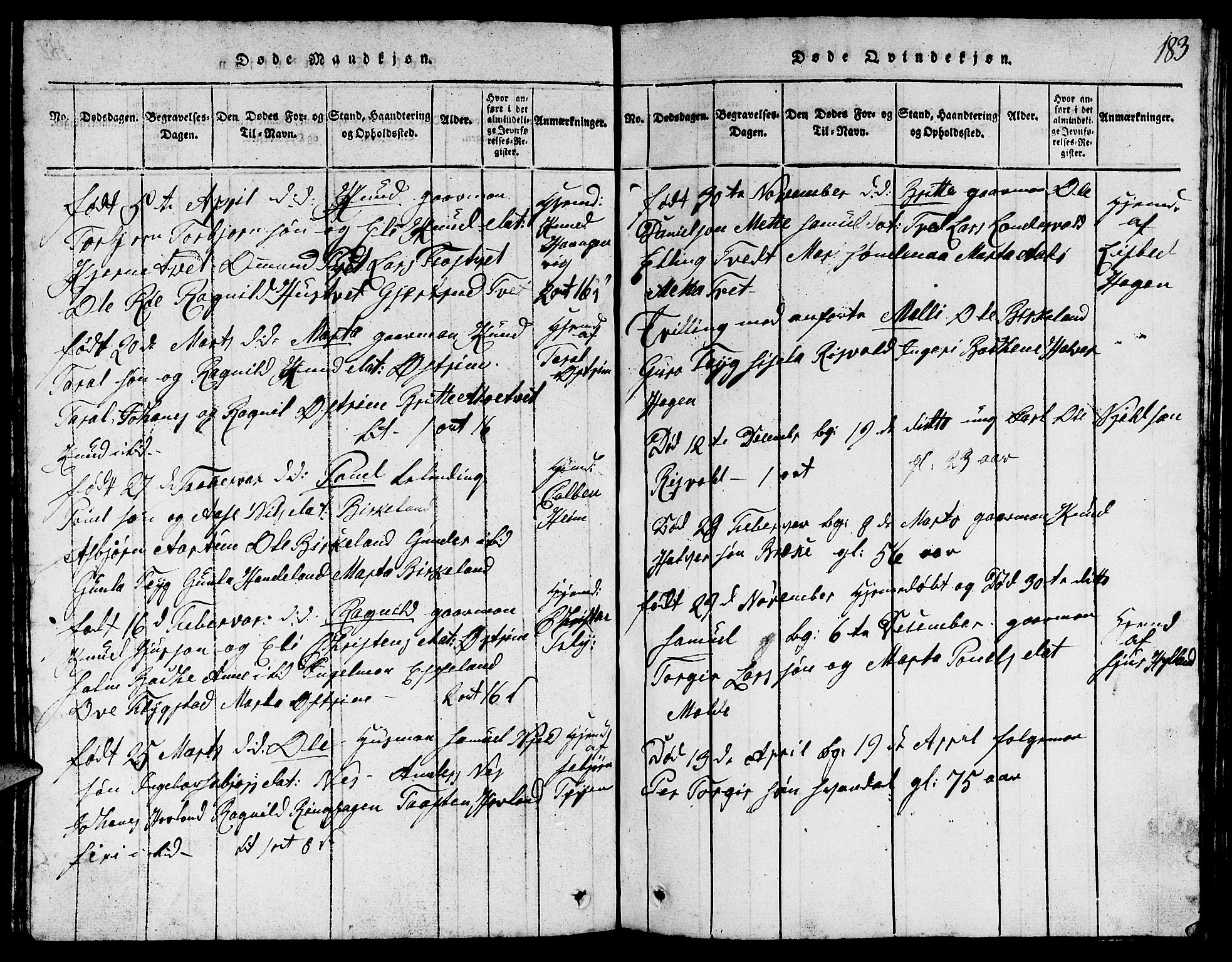 Suldal sokneprestkontor, SAST/A-101845/01/V/L0002: Parish register (copy) no. B 2, 1816-1845, p. 183