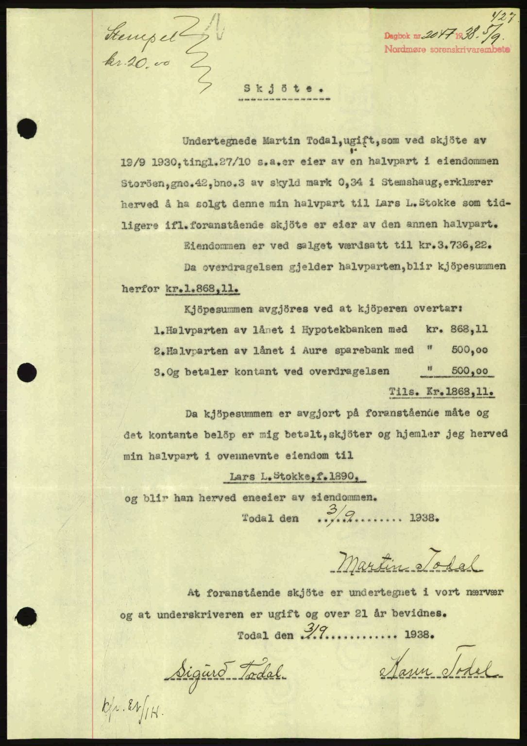 Nordmøre sorenskriveri, SAT/A-4132/1/2/2Ca: Mortgage book no. A84, 1938-1938, Diary no: : 2047/1938