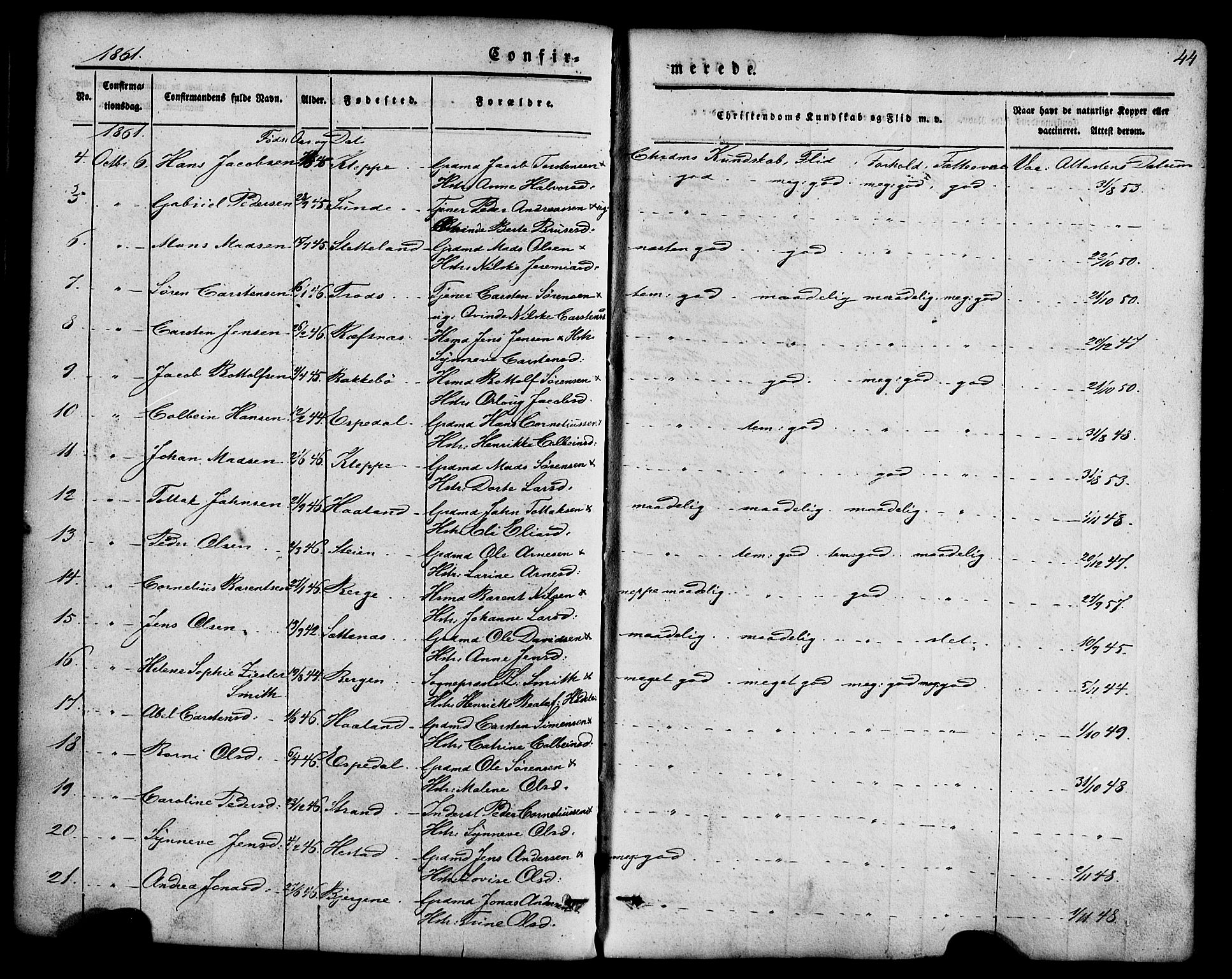 Fjaler sokneprestembete, AV/SAB-A-79801/H/Haa/Haaa/L0008: Parish register (official) no. A 8, 1850-1886, p. 44