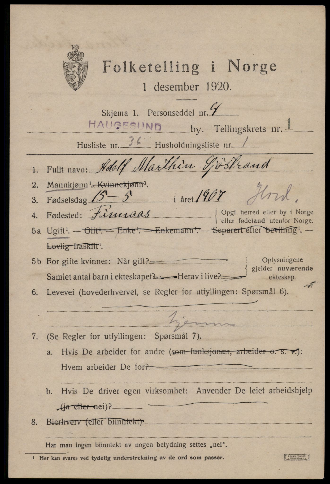 SAST, 1920 census for Haugesund, 1920, p. 12111