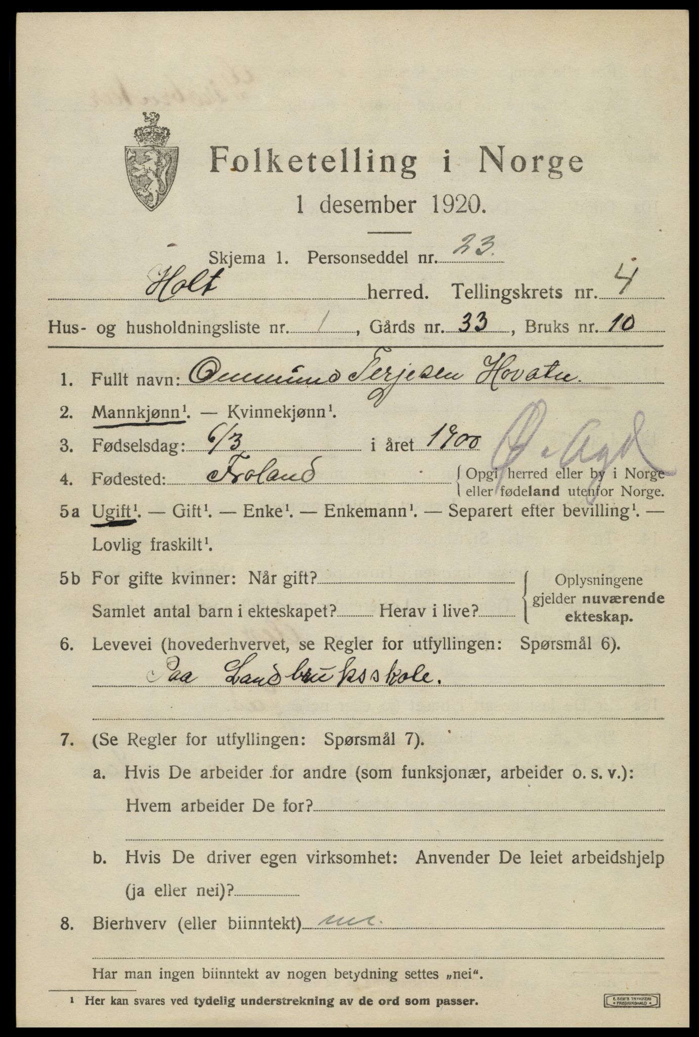 SAK, 1920 census for Holt, 1920, p. 2852