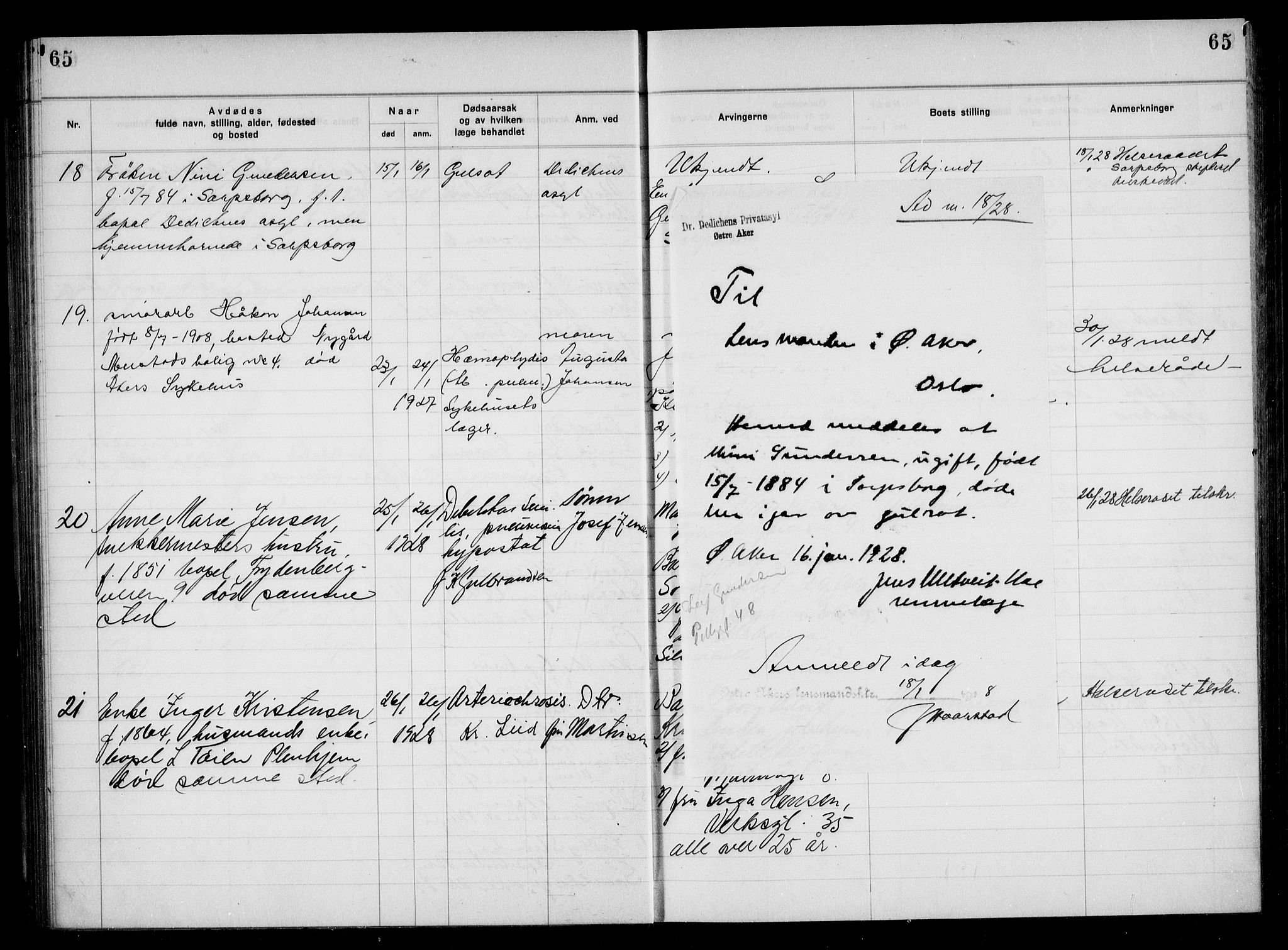 Aker kriminaldommer, skifte- og auksjonsforvalterembete, SAO/A-10452/H/Hb/Hba/Hbac/L0002: Dødsfallsprotokoll for Østre Aker, 1927-1931, p. 65