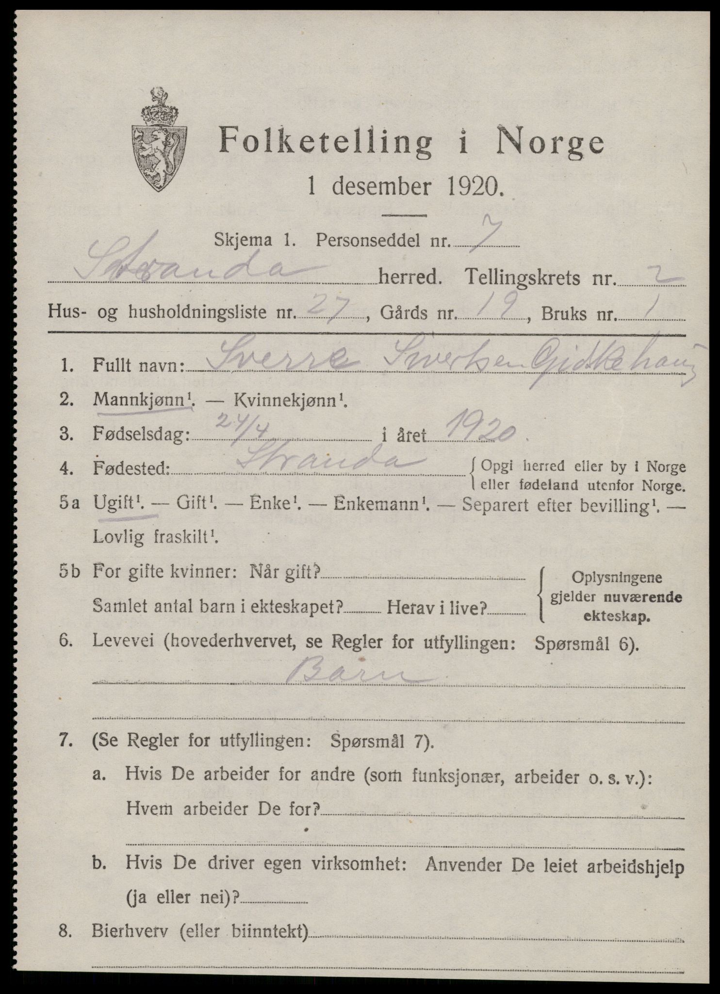 SAT, 1920 census for Stranda, 1920, p. 1241