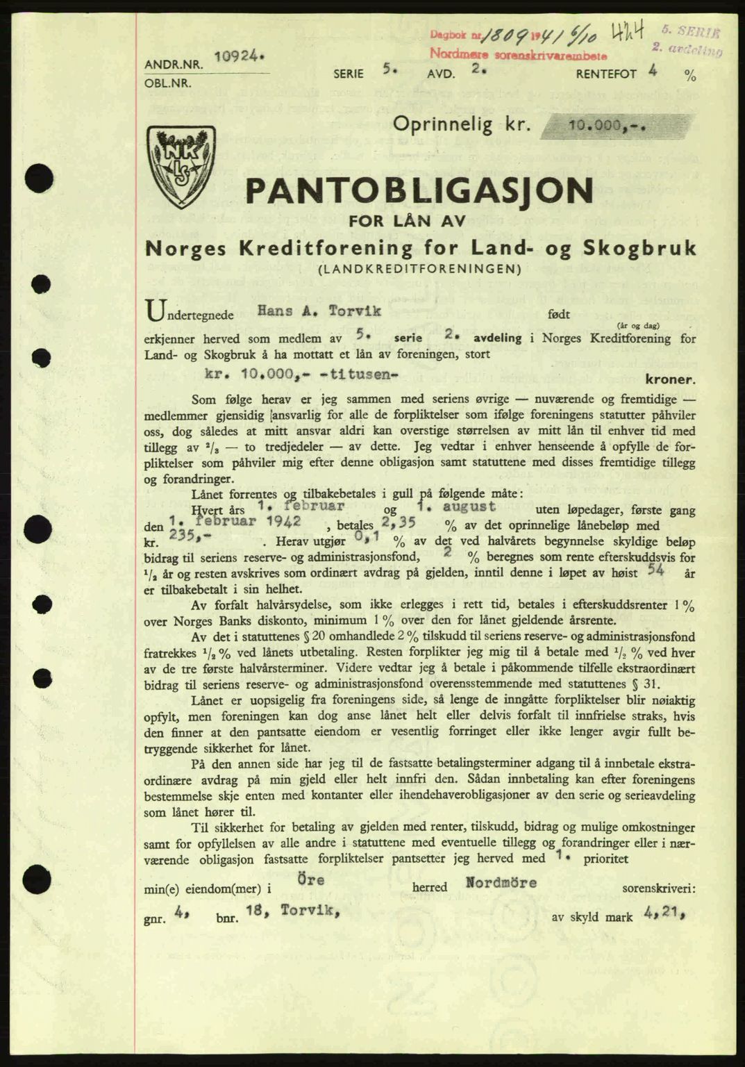 Nordmøre sorenskriveri, AV/SAT-A-4132/1/2/2Ca: Mortgage book no. B88, 1941-1942, Diary no: : 1809/1941