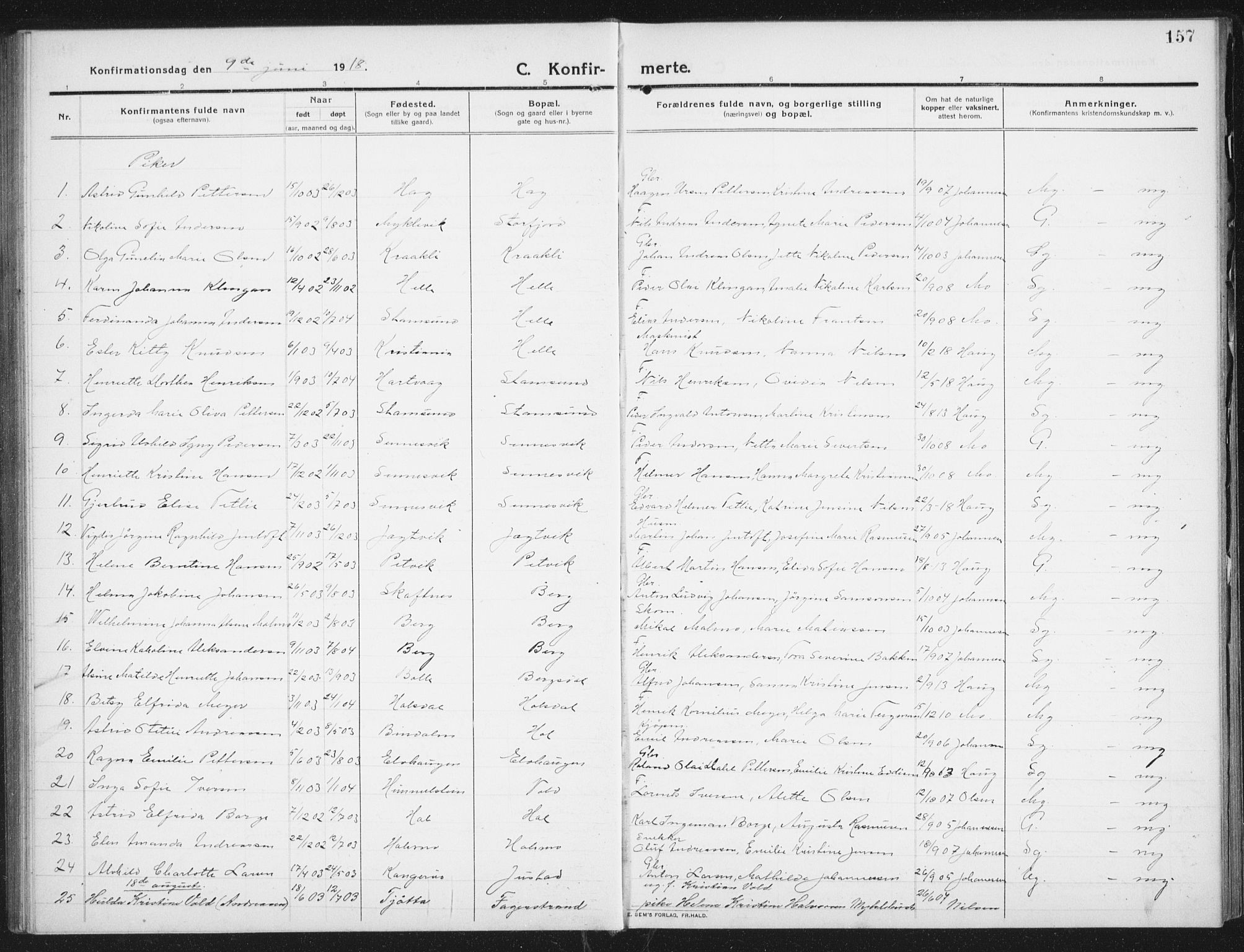 Ministerialprotokoller, klokkerbøker og fødselsregistre - Nordland, SAT/A-1459/882/L1183: Parish register (copy) no. 882C01, 1911-1938, p. 157