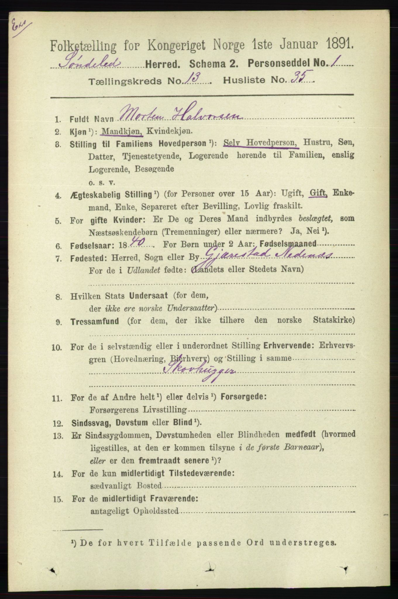 RA, Census 1891 for Nedenes amt: Gjenparter av personsedler for beslektede ektefeller, menn, 1891, p. 164