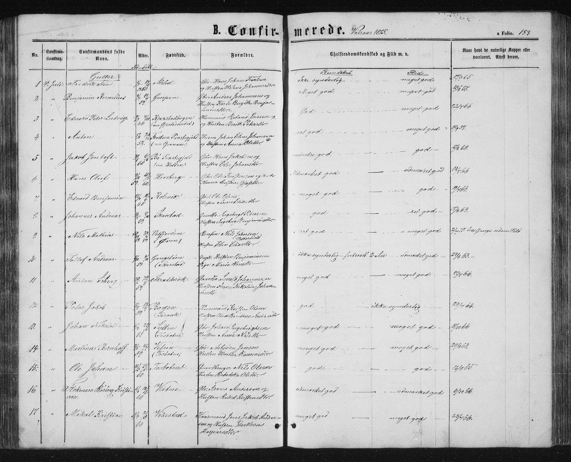 Ministerialprotokoller, klokkerbøker og fødselsregistre - Nordland, AV/SAT-A-1459/810/L0158: Parish register (copy) no. 810C02 /1, 1863-1883, p. 153