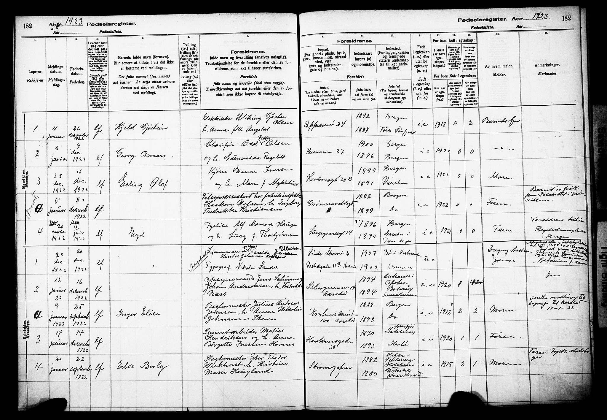 Domkirken sokneprestembete, AV/SAB-A-74801/I/Id/L00A1: Birth register no. A 1, 1916-1923, p. 182