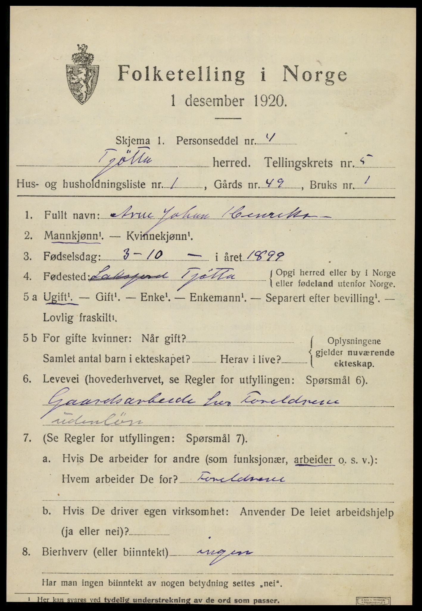 SAT, 1920 census for Tjøtta, 1920, p. 1973