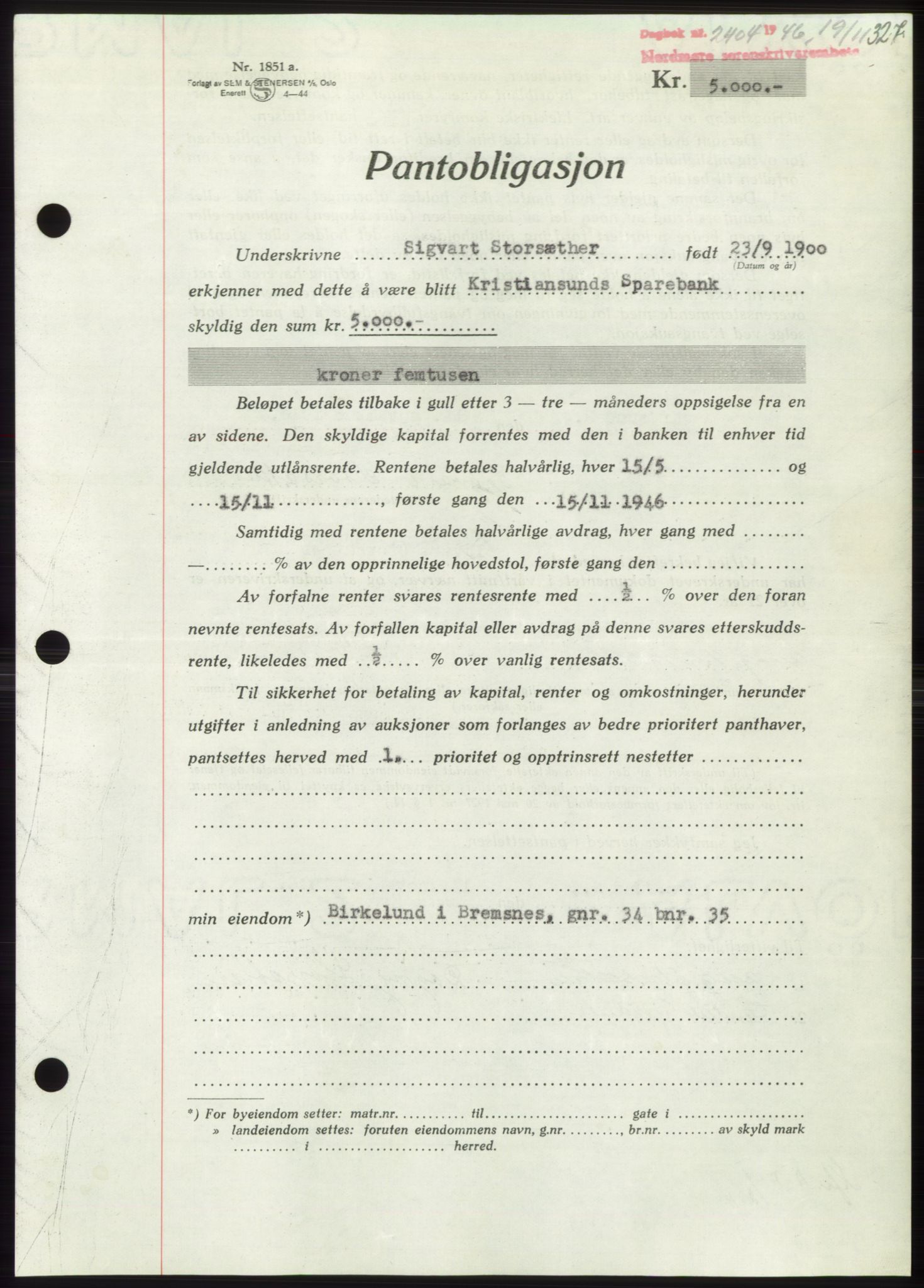 Nordmøre sorenskriveri, AV/SAT-A-4132/1/2/2Ca: Mortgage book no. B95, 1946-1947, Diary no: : 2404/1946